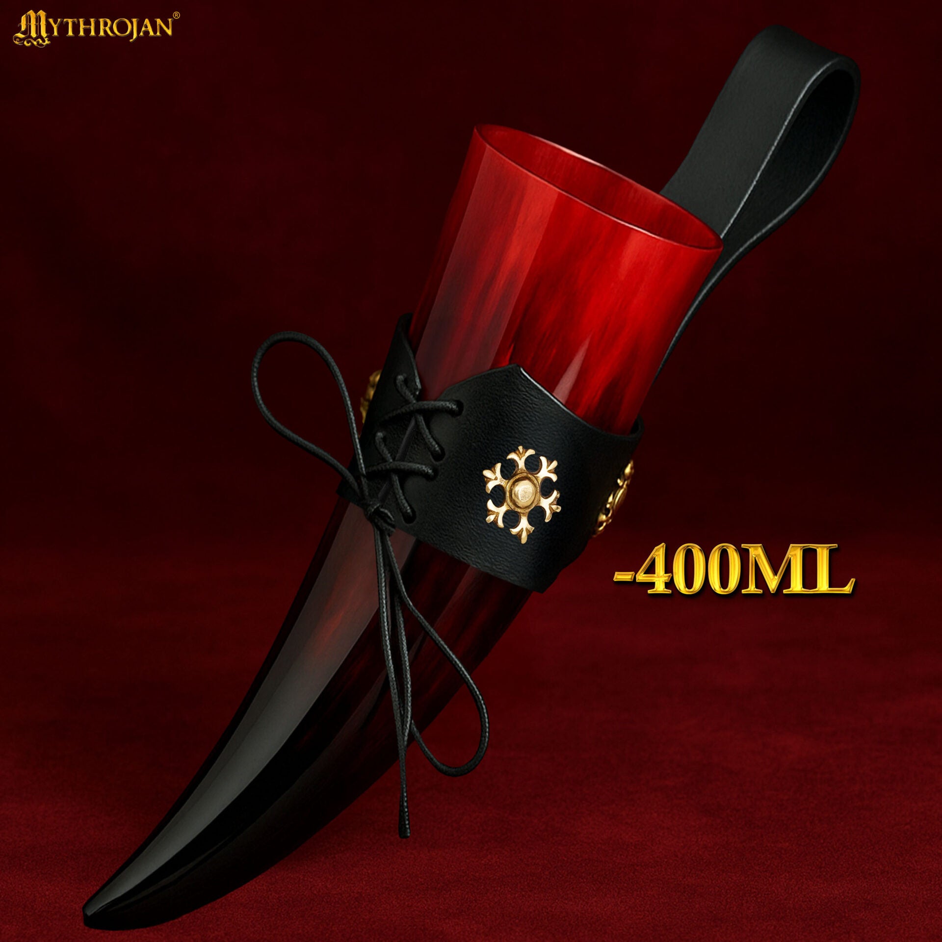 Imagen única de: Taza Medieval – Cuerno Vikingo 400 ml Pulido con Soporte de Cuero Negro Rojo