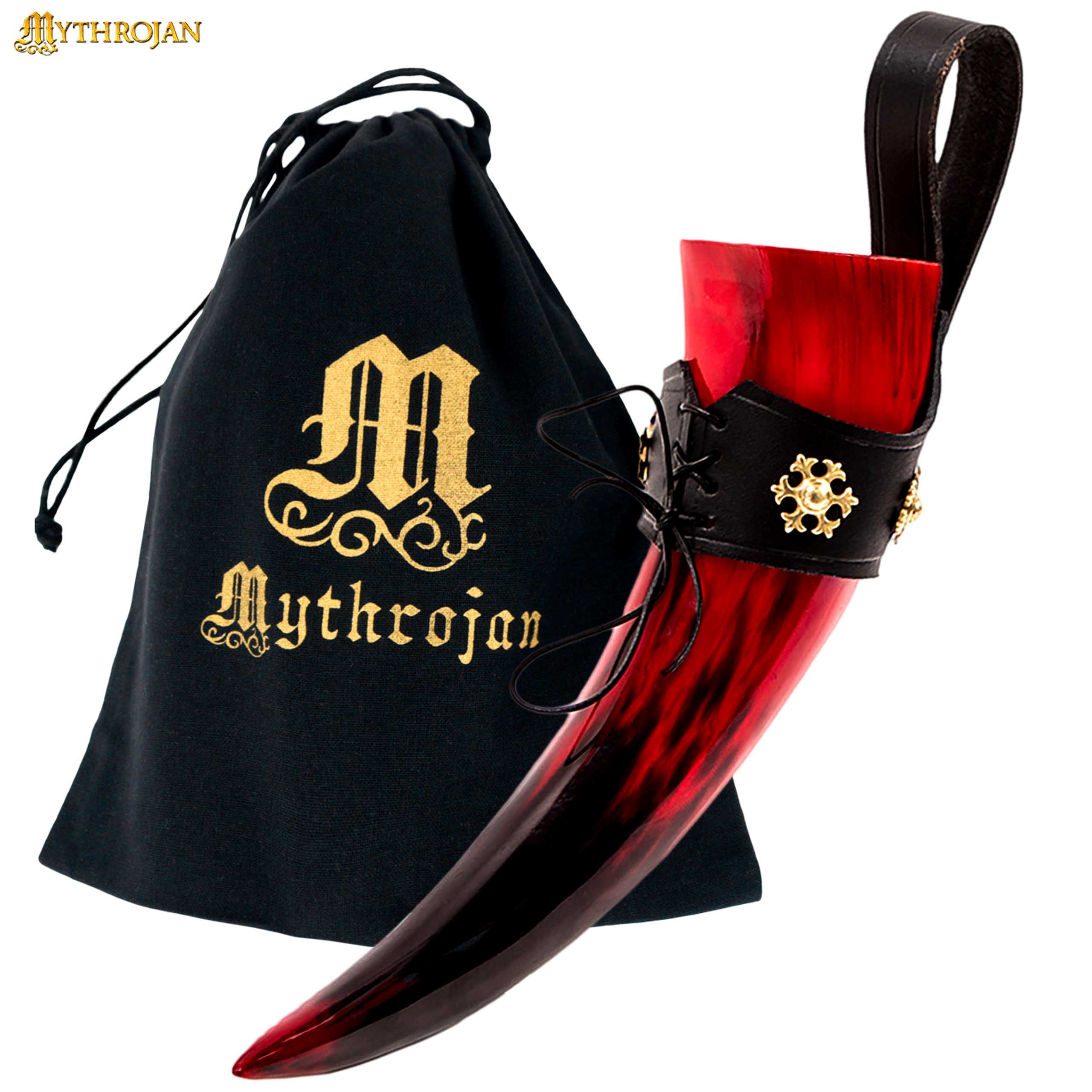 Imagen única de: Taza Medieval – Cuerno Vikingo 400 ml Pulido con Soporte de Cuero Negro Rojo