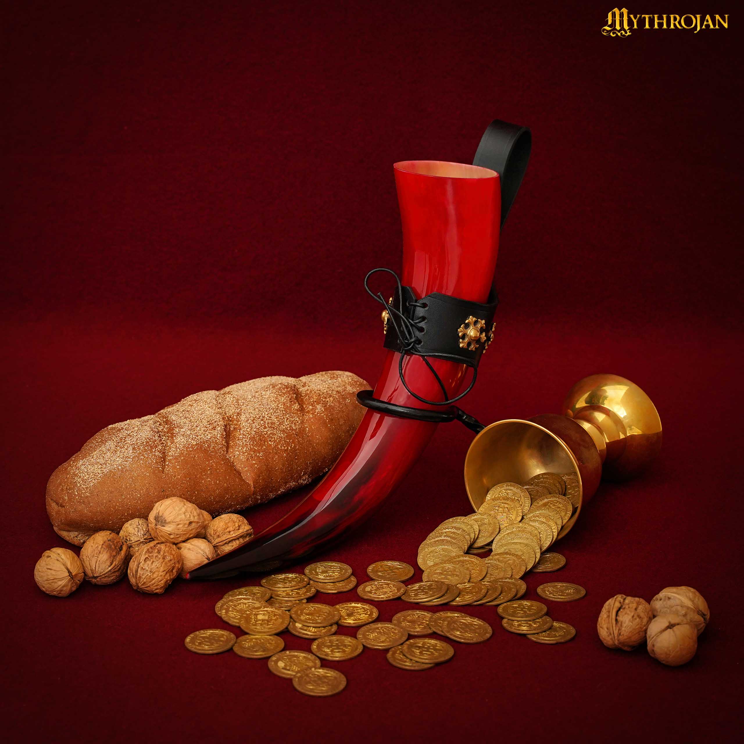 Imagen única de: Taza Medieval – Cuerno Vikingo 400 ml Pulido con Soporte de Cuero Negro Rojo