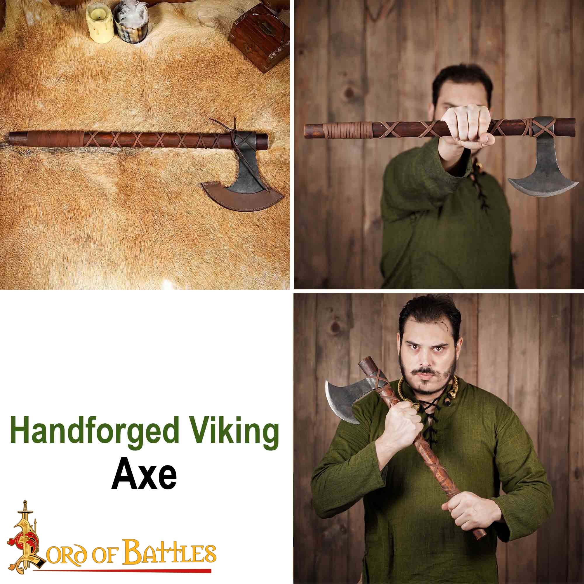Hacha Vikinga Forjada a Mano - Cabeza de Acero Al Carbono con Mango de Madera Dura y Forrado de Cuero Auténtica Hacha de Batalla Nórdica para Larp, Camping y Exhibición - Imagen 22