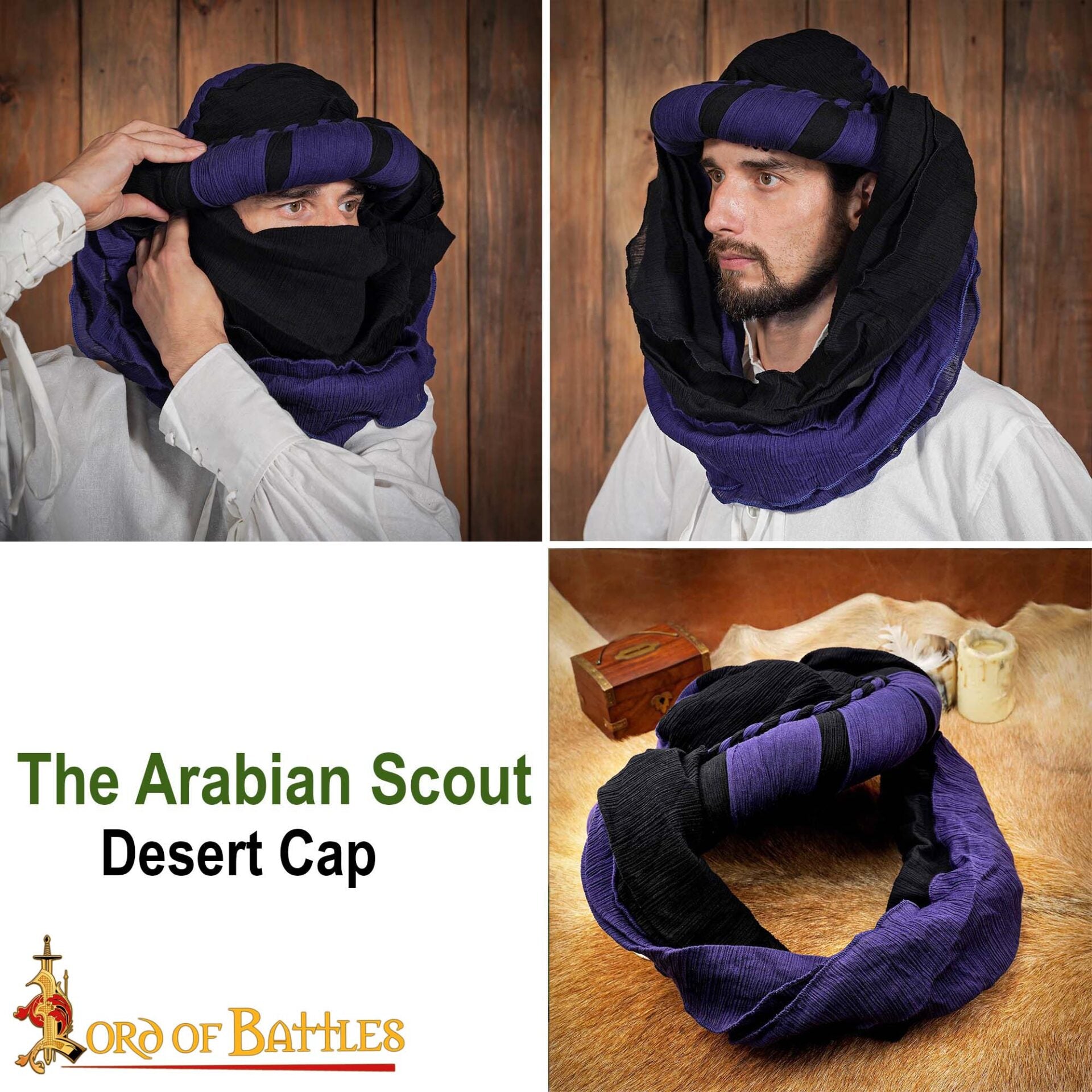 Imagen única de: Turbante Medieval Sarraceno - Negro y Violeta Desierto Head Wrap para Larp, Fantasía y Temas Históricos