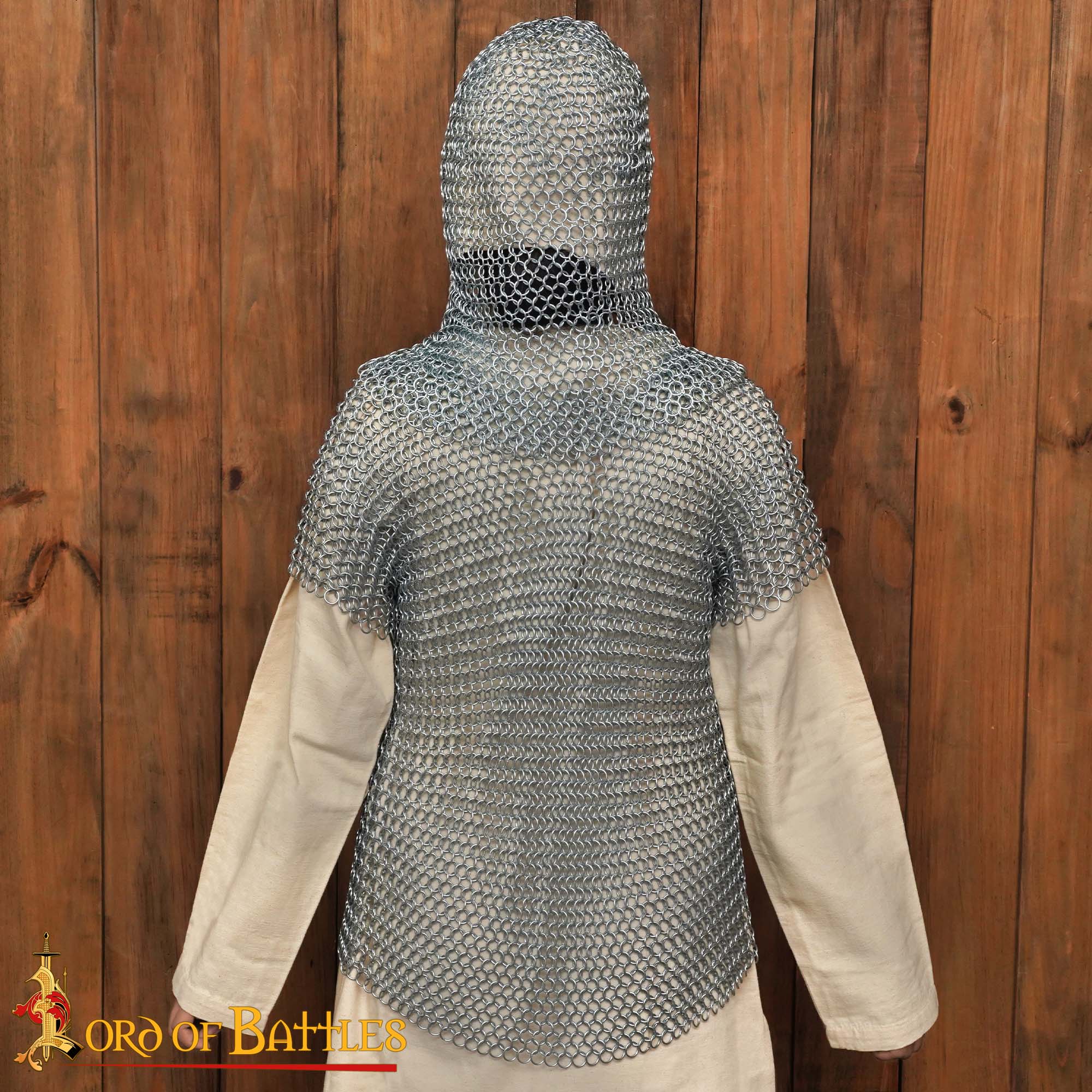 Imagen única de: Camisa Medieval de Cota de Malla para Niños con Cofia - Medias Mangas | 10mm Butted Rings, 16 Gauge Mild Steel, Zinc-plated