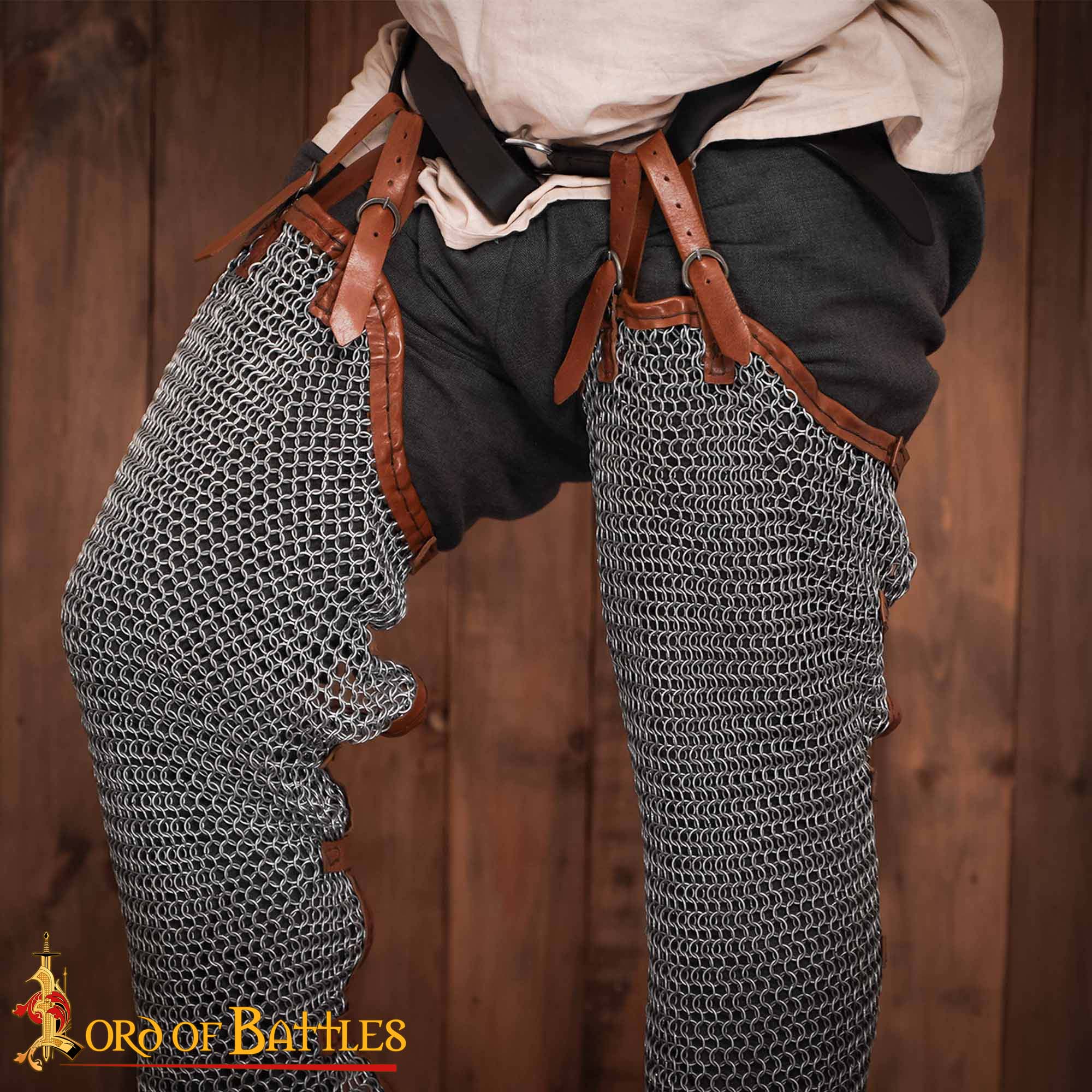 Chainmail Leggings Chausses 9 Mm 16 Gauge High Tensile Butted Rings With Leather Straps - Imagen 2