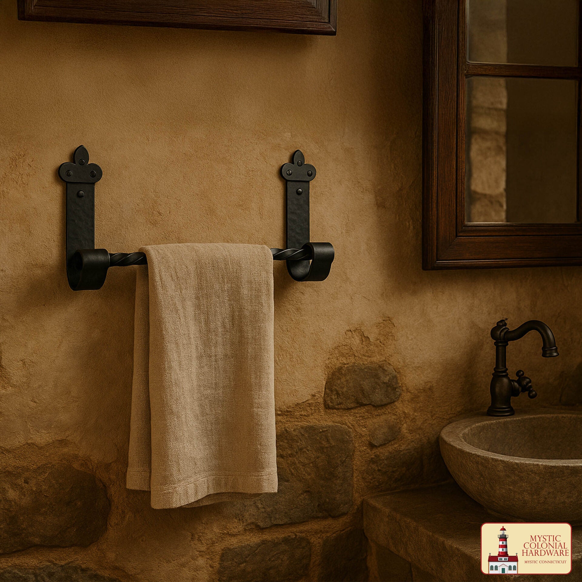 Imagen única de: Mystic Colonial Hardware Rustic Twist Iron Bar - Toallero de Baño Negro Forjado a Mano con Soportes de Montaje Martillados