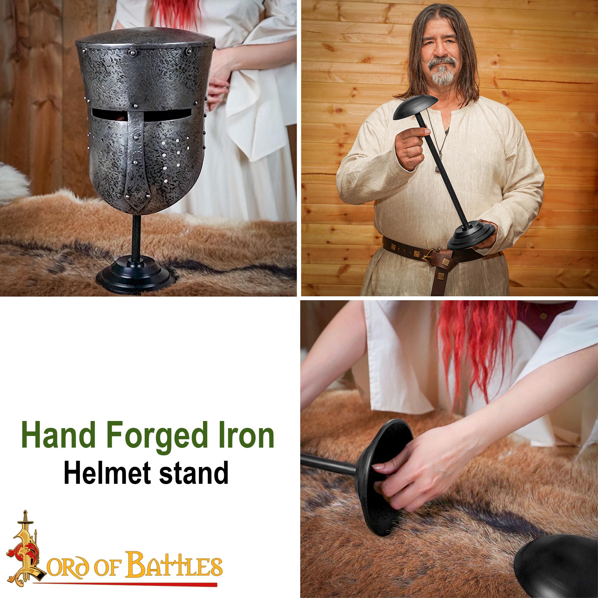 Imagen única de: Soporte para Casco de Hierro - 17 Pulgadas Acabado en Negro | Expositor Resistente para Cascos Medievales, Vikingos y de Fantasía