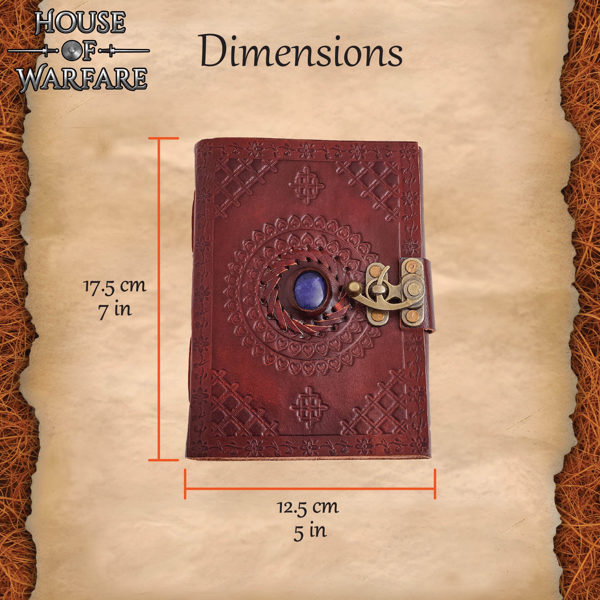 Imagen única de: Diario Medieval de Cuero Grabado con Piedra Azul - Diario Artesanal con Cerradura de Latón