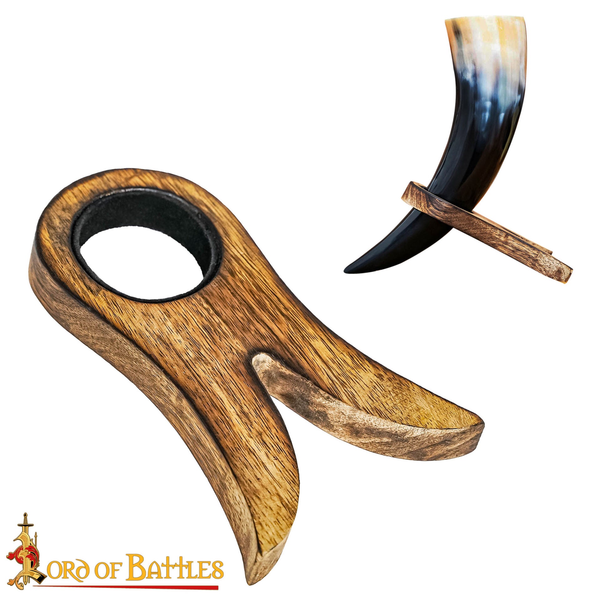 Soporte de Madera Artesanal para Cuerno de Vikingo con Forro de Ante - Expositor Rústico - Imagen 4