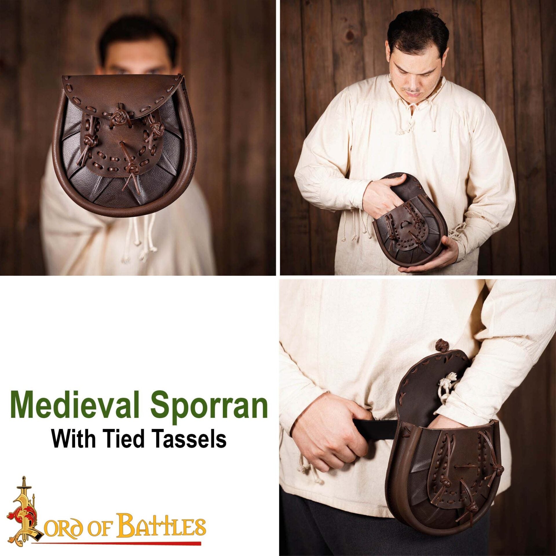Imagen única de: Riñonera Medieval de Cuero Sporran con Borlas Anudadas - Bolsa Marrón