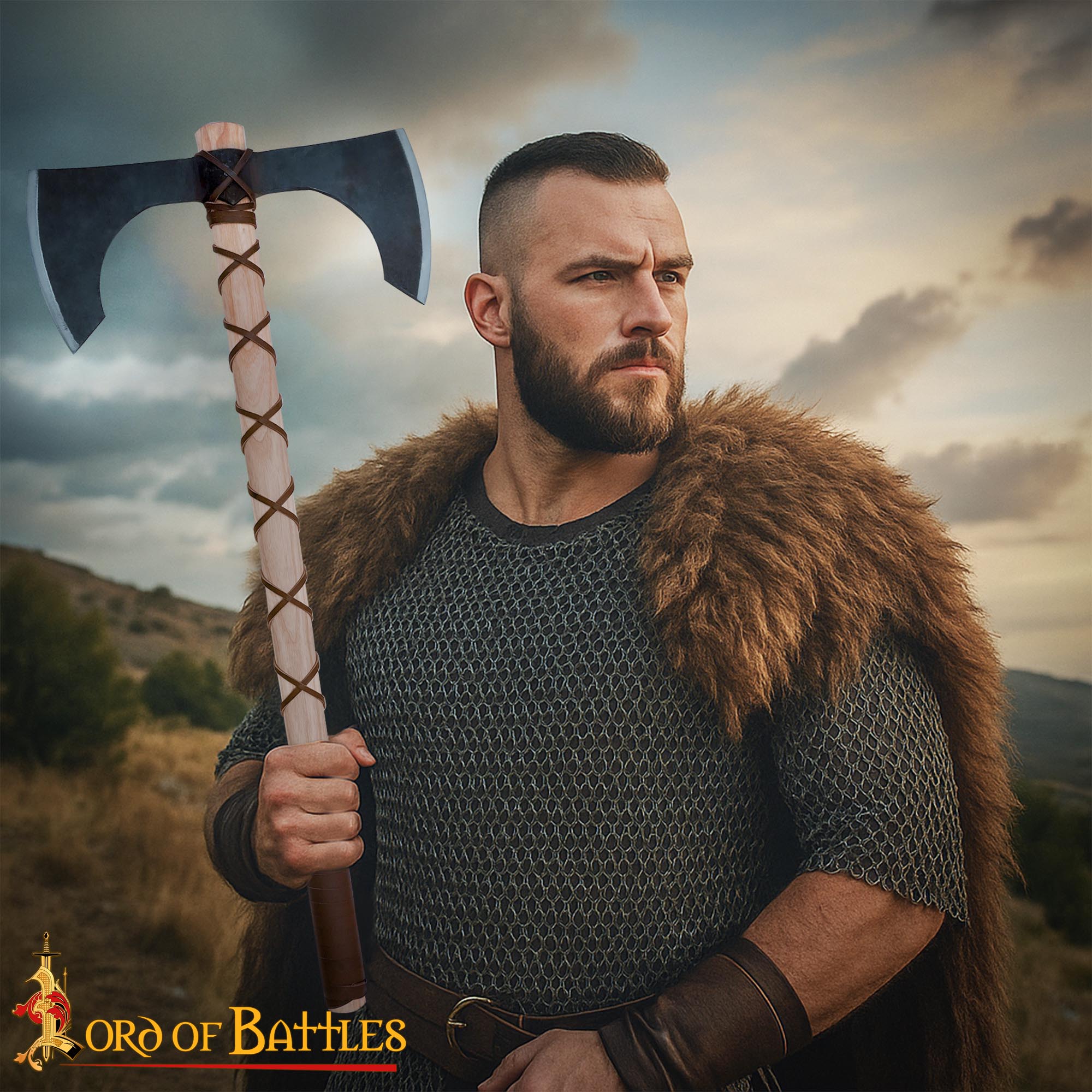 Imagen única de: Hacha de Doble Hoja con Mango de Madera de Fresno - Medieval