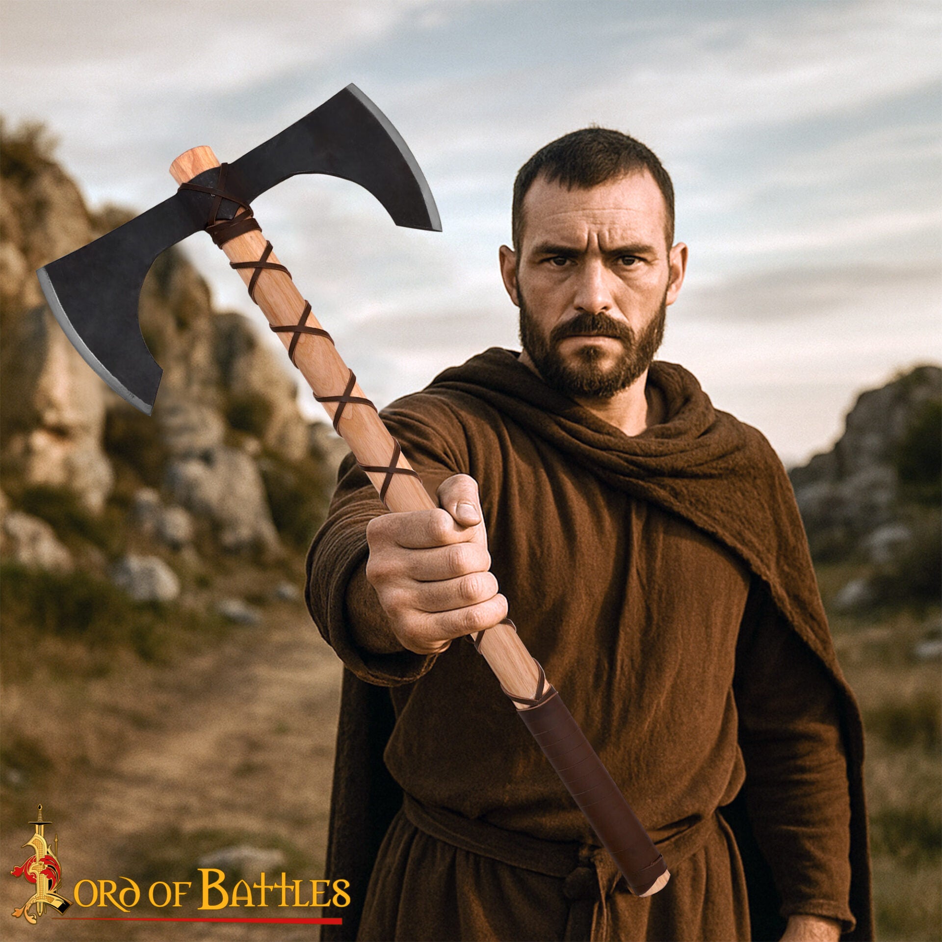 Imagen única de: Hacha de Doble Hoja con Mango de Madera de Fresno - Medieval