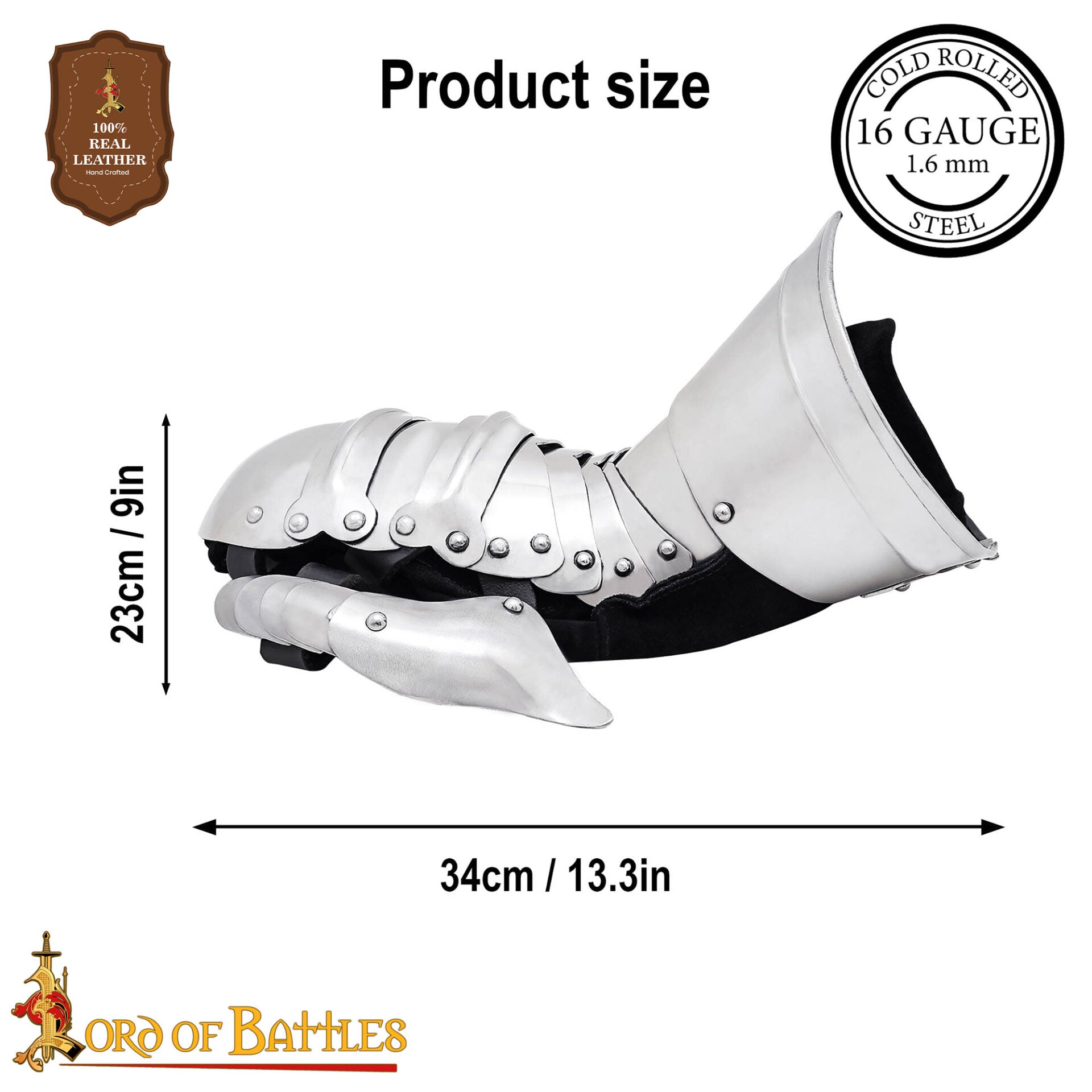 Imagen única de: Guanteletes Medievales Tipo B - Acero Pulido Calibre 16 con Piel de Ante