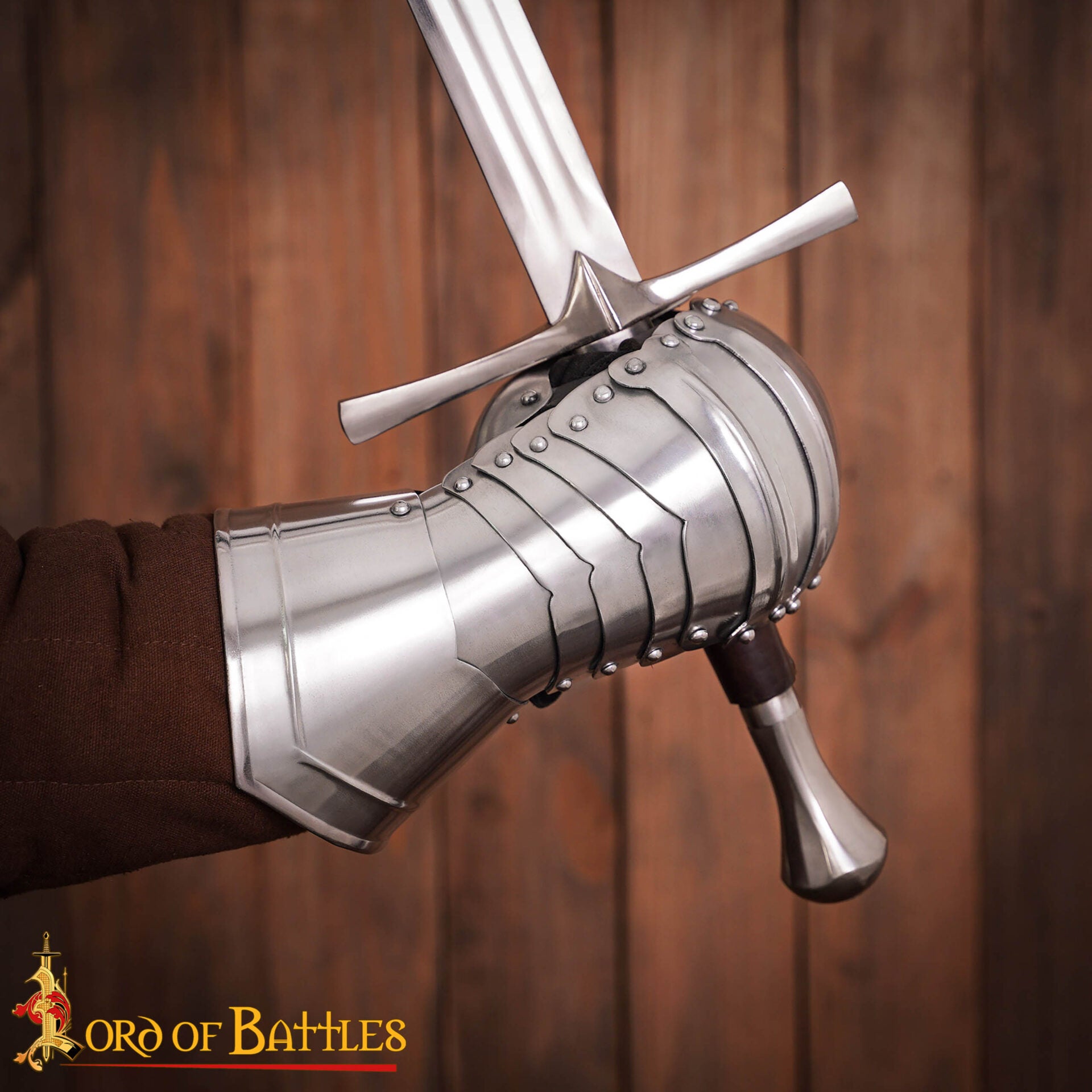 Imagen única de: Guanteletes Medievales Tipo B - Acero Pulido Calibre 16 con Piel de Ante