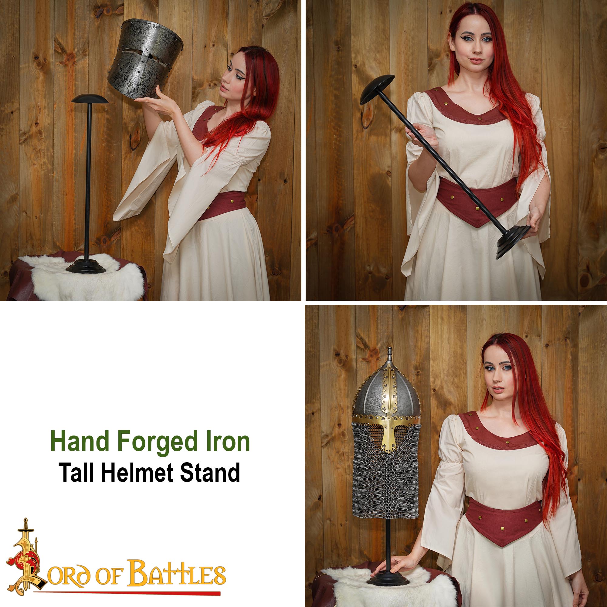 Imagen única de: Soporte de Casco de Hierro Hecho a Mano de 25" de Altura para Cascos con o sin Aventail