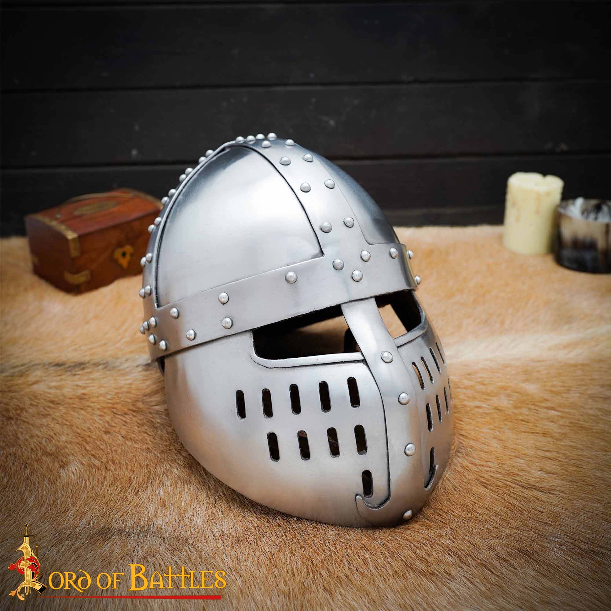 Imagen única de: Casco Normando Spangenhelm del Siglo Xii-xiii con Protector Facial - Armadura Medieval de Acero Dulce de Calibre 16