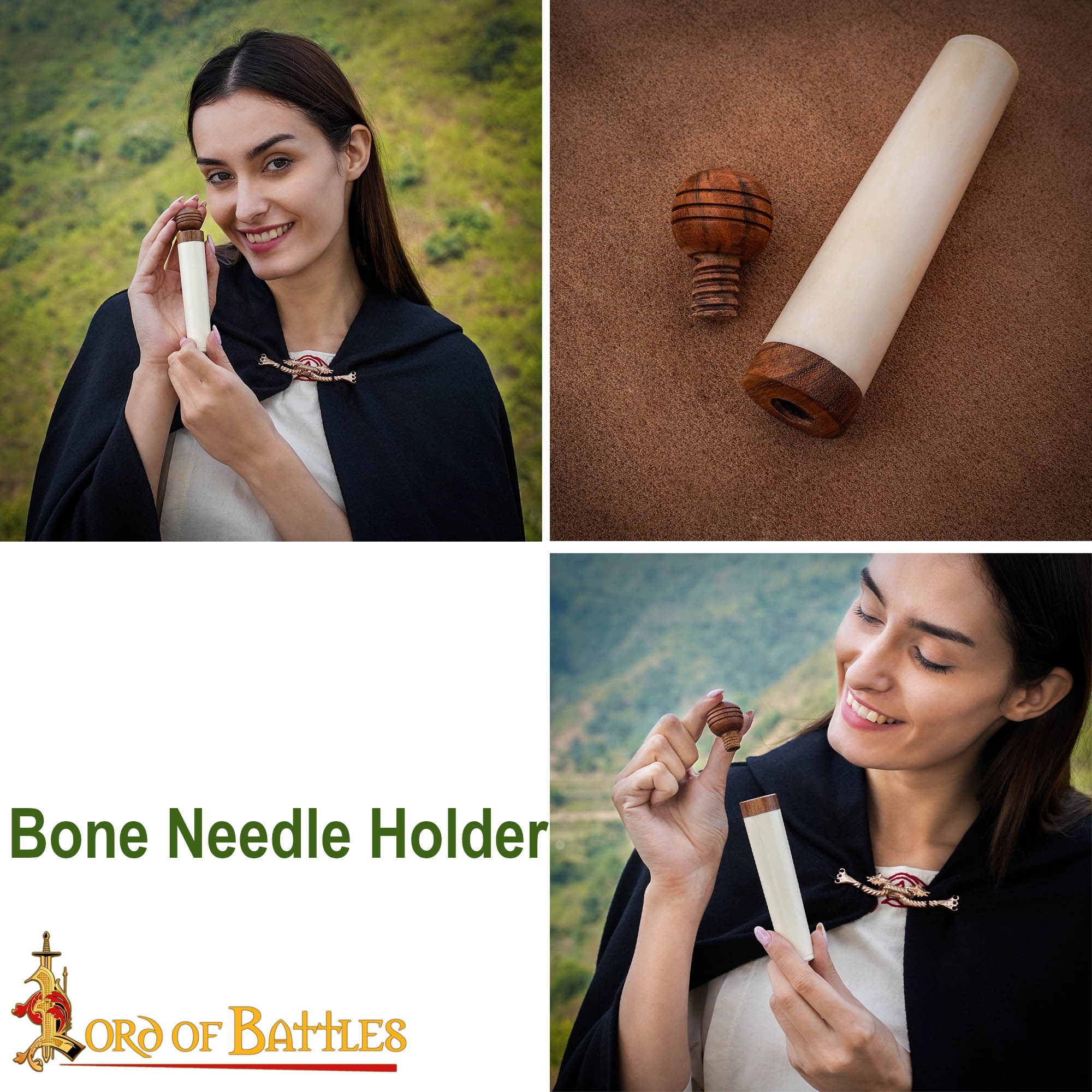 Imagen única de: Porta Agujas Medieval de Hueso de Buey con Tapa de Madera - Tubo de Almacenaje Artesanal