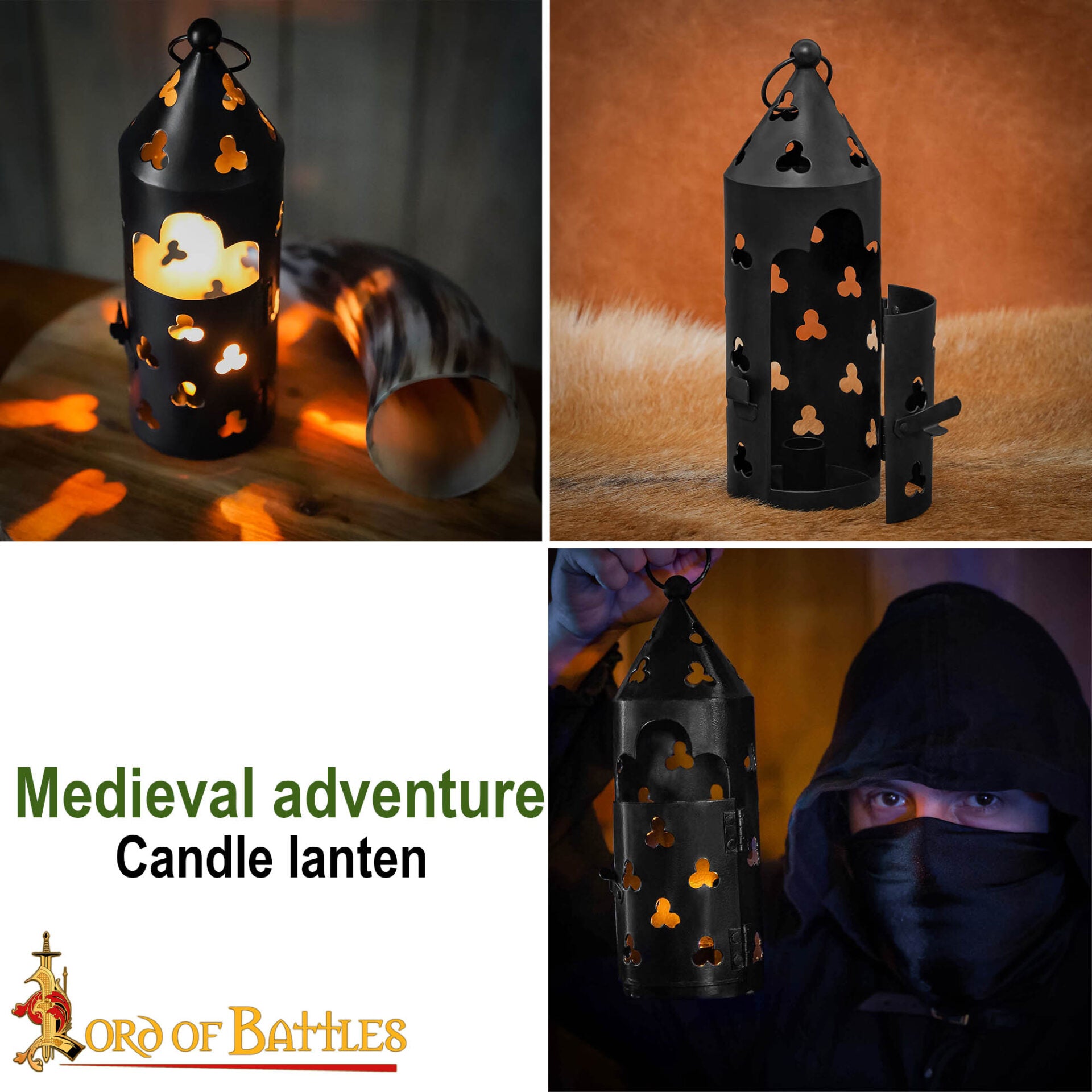 Imagen única de: Farol Medieval de Hierro para Velas con Recortes de Trébol y Asa Anular