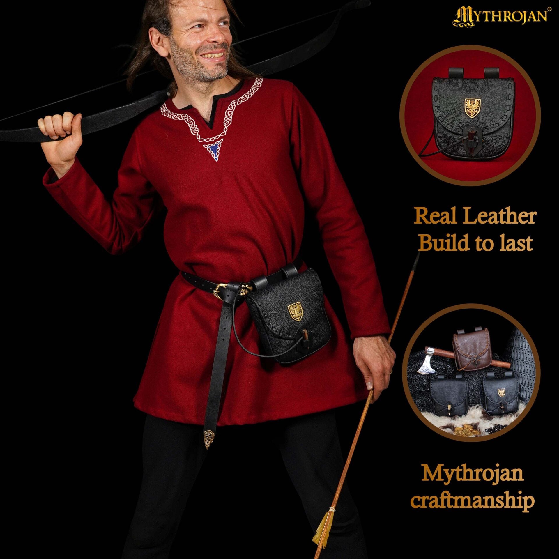 Riñonera Medieval de Cuero Hecha a Mano con Pasador de Cuerno de Buey y Decoración Heráldica de Latón - Funda de Cuero Auténtico - Imagen 17