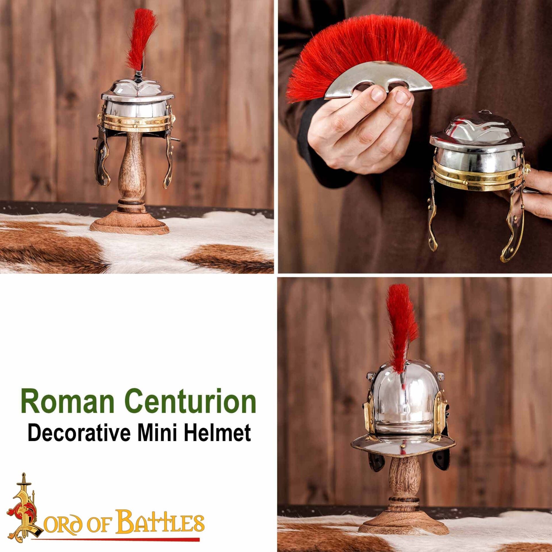 Imagen única de: Minicasco de Centurión Romano Decorativo con Penacho Rojo y Soporte de Madera