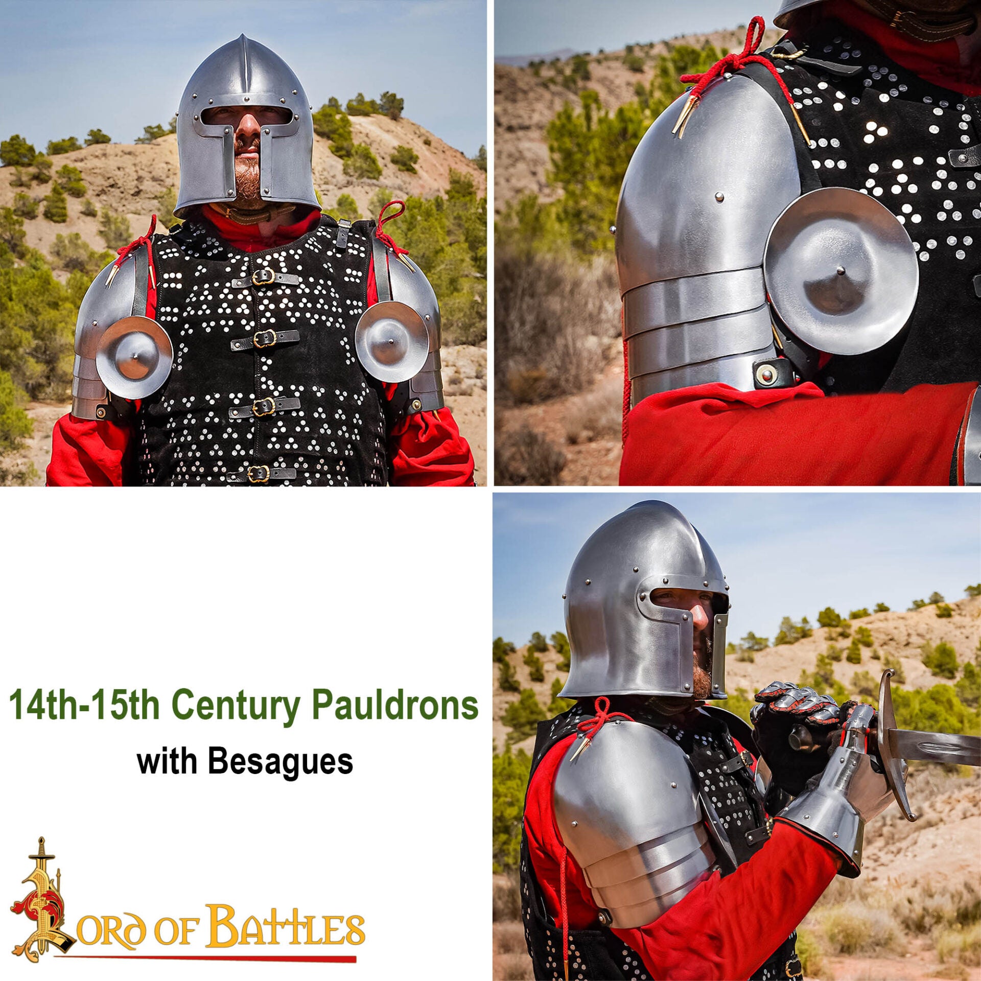 Imagen única de: Pauldrons de Acero del Siglo Xiv-principios del Xv con Rondel - Armadura de Hombro Pulida de Calibre 16