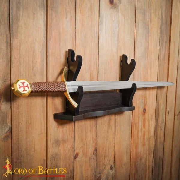 Imagen única de: Expositor de Espadas de Madera Pulida de Dos Pisos - Soporte para Armas Medievales para Pared o Estantería