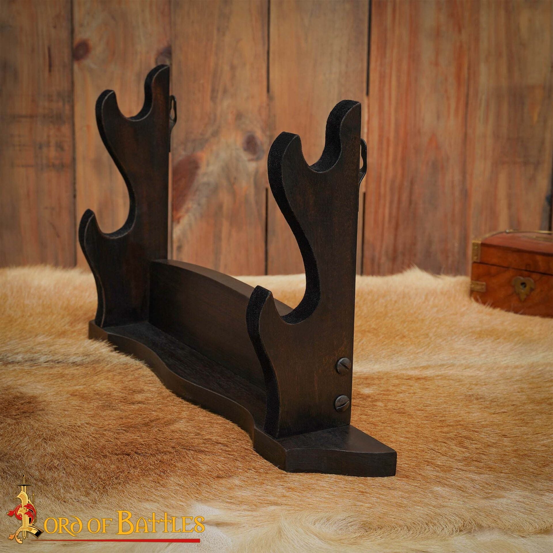 Imagen única de: Expositor de Espadas de Madera Pulida de Dos Pisos - Soporte para Armas Medievales para Pared o Estantería