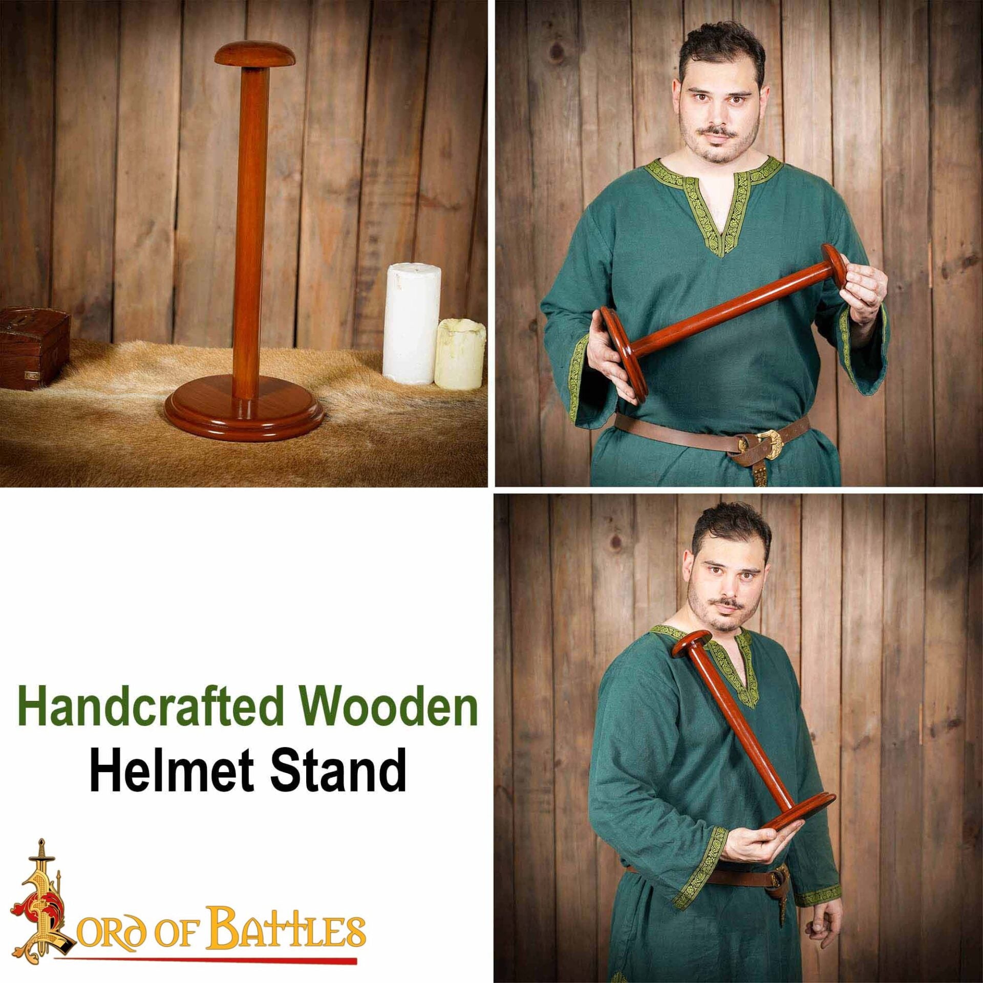 Imagen única de: Soporte para Casco Medieval de Madera - Acabado Nogal, Base Redonda