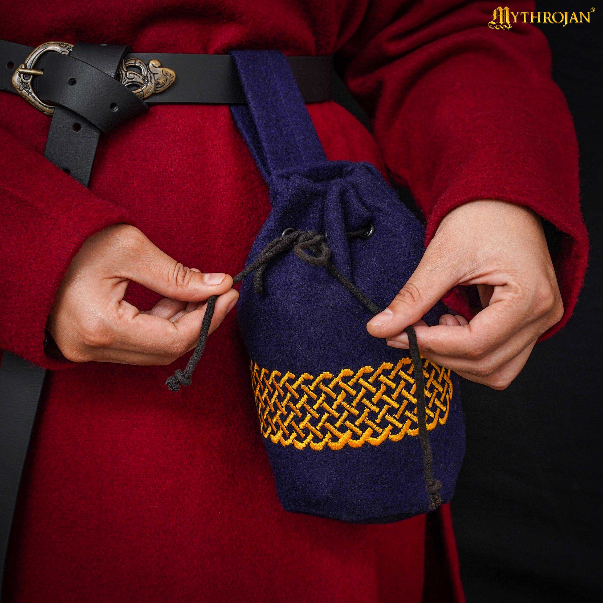 Imagen única de: Mythrojan Bolsa de Lana Bordada con Cordón para Cinturón: Medieval Vikingo Celta Bolsa Accesorios de Disfraces Monedero, 8" × 6.5