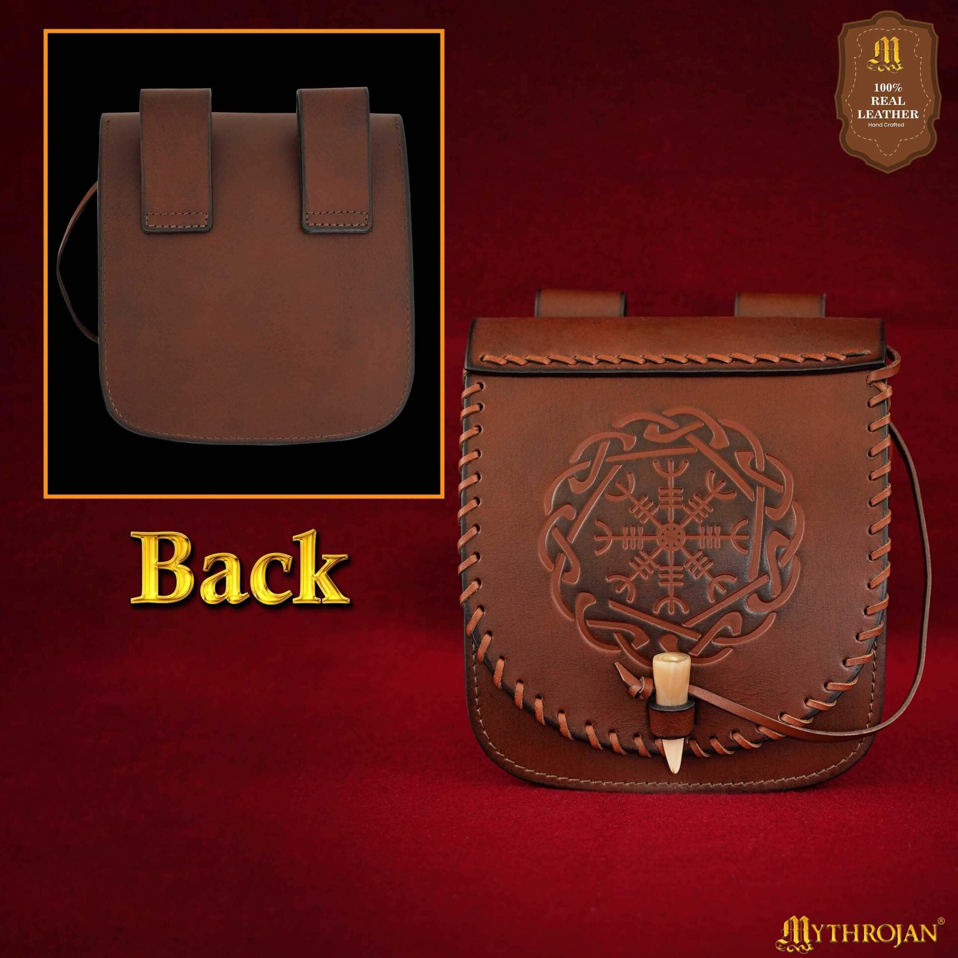 Riñonera de Cuero del Guerrero del Norte con Repujado del Yelmo del Pavor y Cierre Basculante de Hueso, Funda Larp Vikinga - Imagen 5