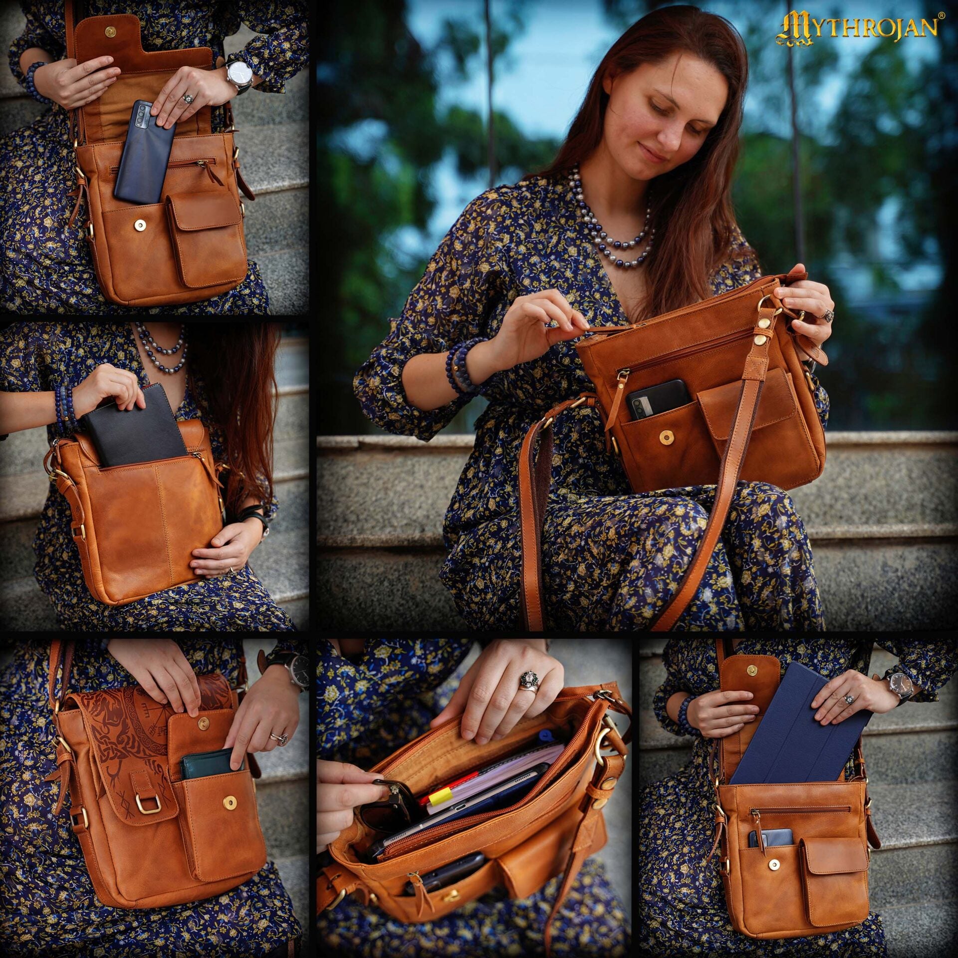 Runa Nórdica de Cuero Messenger Satchel Bag - Viking Rune Cross Body Bag - Imagen 5