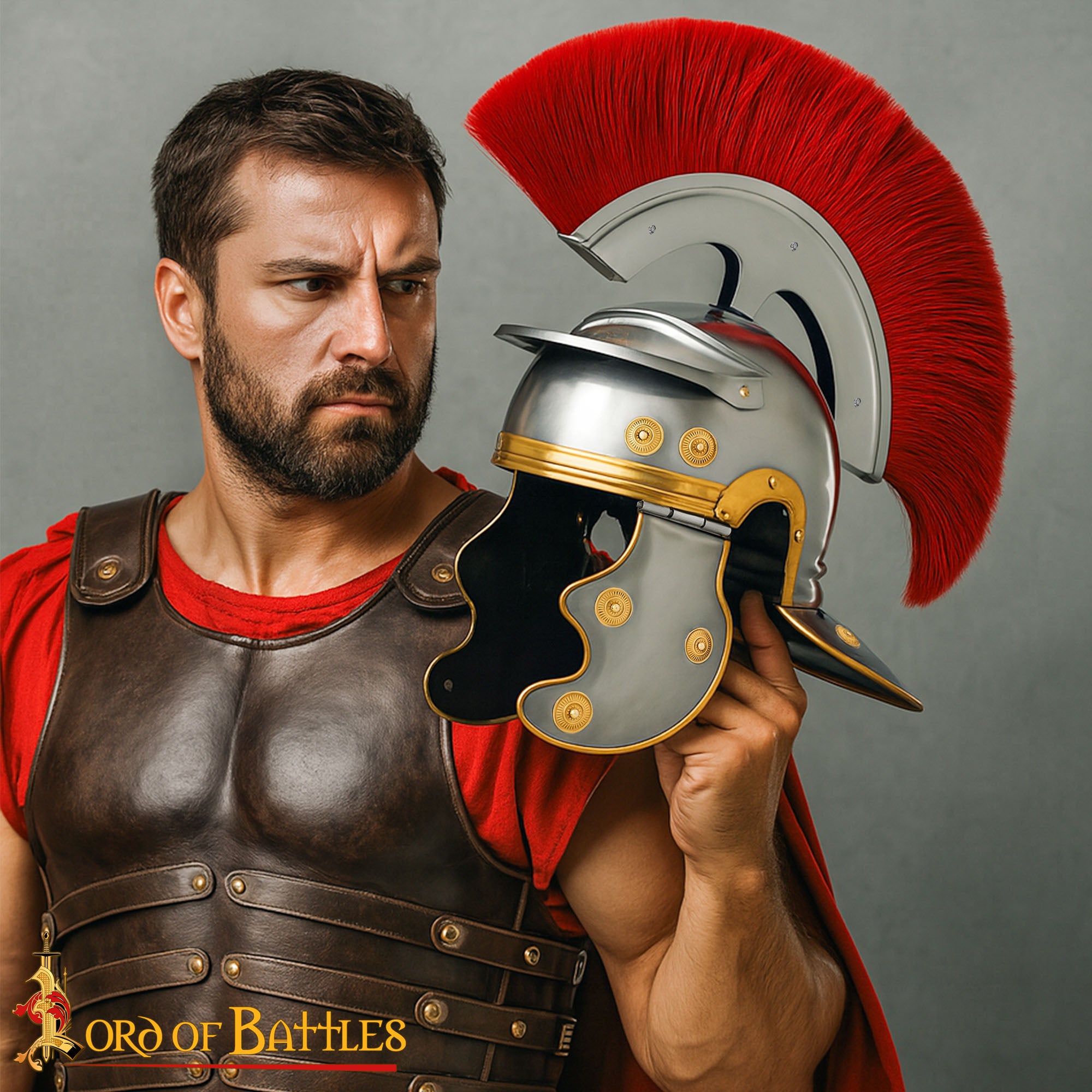 Imagen única de: Casco de Centurión Romano con Cresta Transversal Roja - Casco de Acero con Adornos de Latón para Larp, Disfraces y Exposiciones
