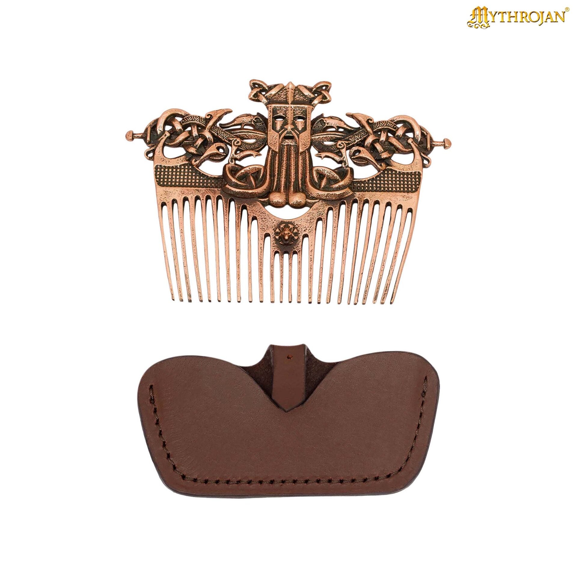 Imagen única de: Peine para Barba Nórdico de Bronce con Funda de Cuero - Herramienta de Acicalamiento de Estilo Vikingo