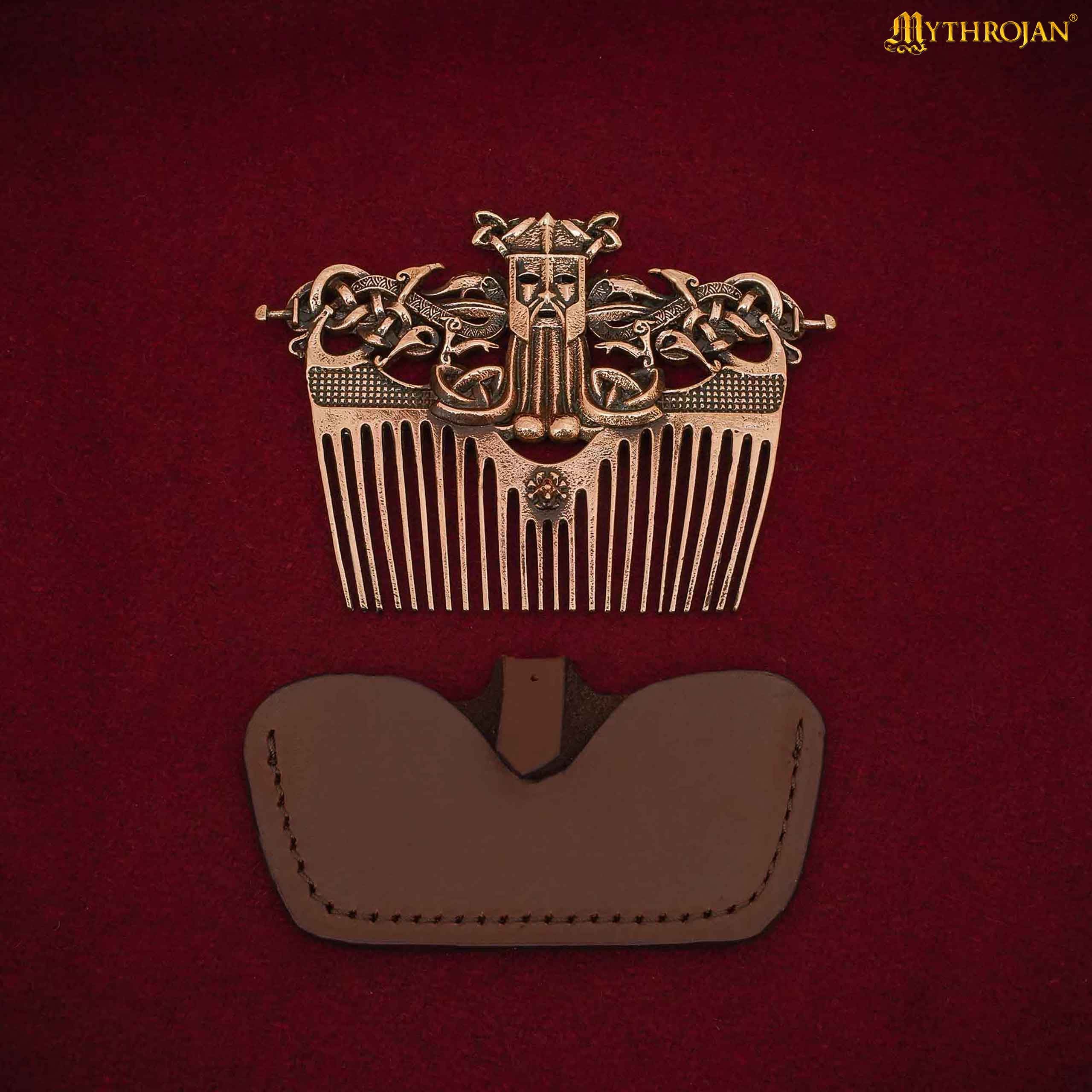 Imagen única de: Peine para Barba Nórdico de Bronce con Funda de Cuero - Herramienta de Acicalamiento de Estilo Vikingo