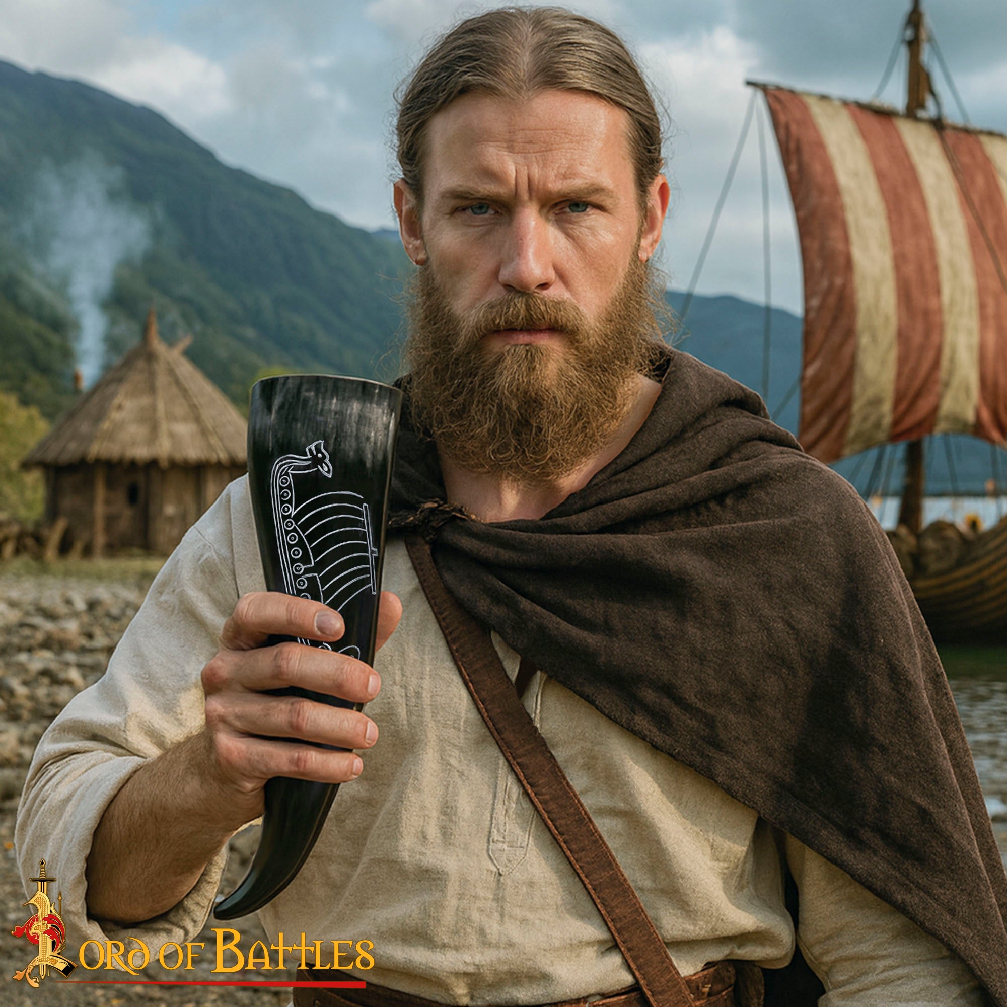 Imagen única de: Cuerno Vikingo Artesanal con Grabado Longship