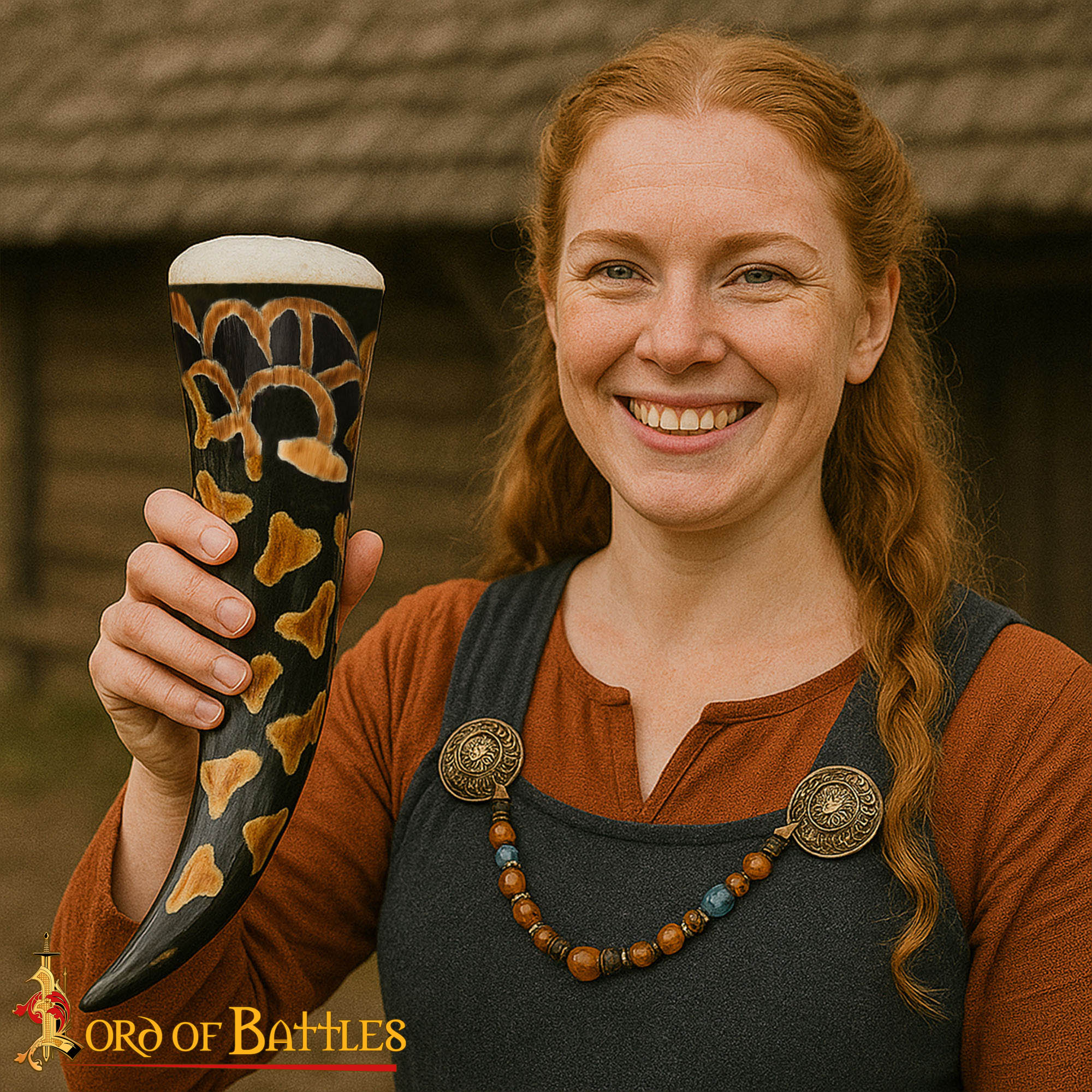 Imagen única de: Cuerno Medieval Vikingo para Beber 400-500 Ml con Diseño Quemado Hecho a Mano Auténtico Cuerno de Buey