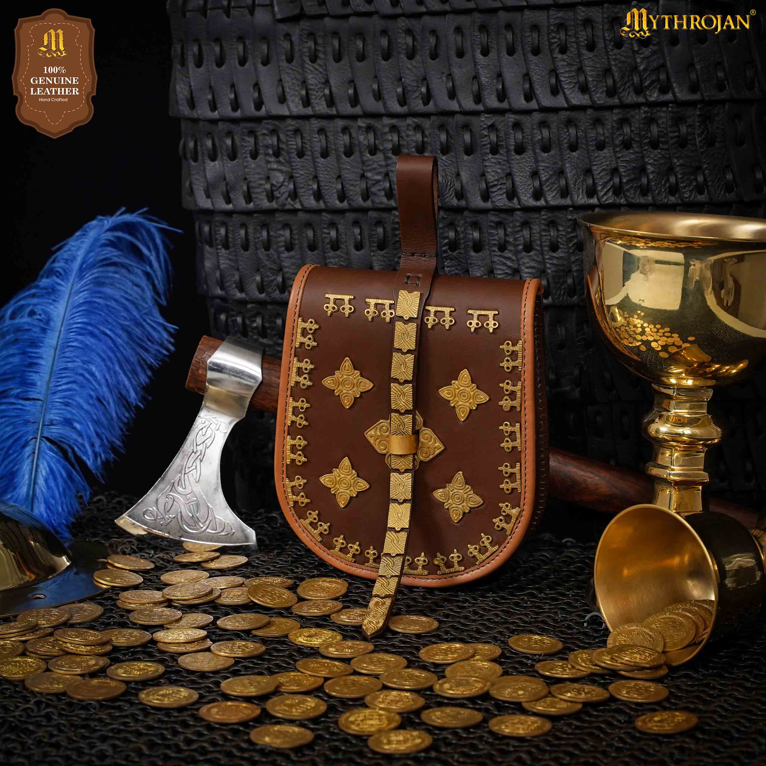 Imagen única de: Mythrojan Birka Bolsa de Cuero Vikingo Tarsoly - Bolsa para Cinturón Auténtica Hecha a Mano Basada en Originales Históricos - Accesorio Nórdico de Cuero Auténtico