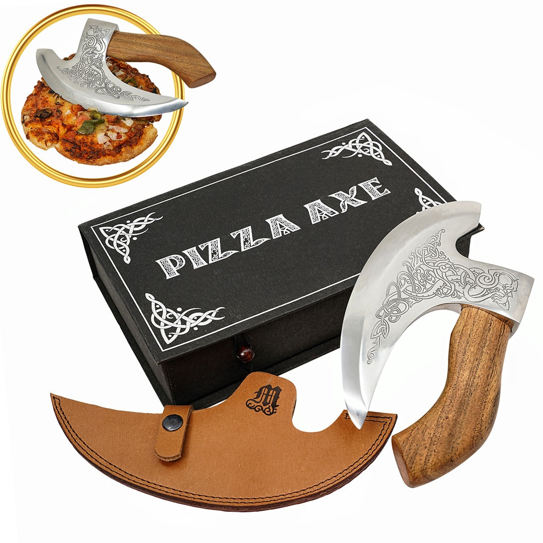 Imagen única de: Mythrojan Hacha Vikinga para Pizza - Cortador de Pizza de Acero Inoxidable Forjado a Mano con Mango de Acacia Maciza y Funda de Cuero - Grabado Celta - Caja de Regalo