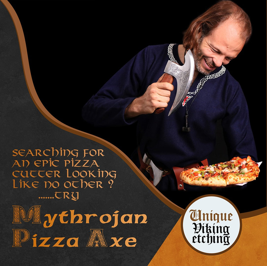 Imagen única de: Mythrojan Hacha Vikinga para Pizza - Cortador de Pizza de Acero Inoxidable Forjado a Mano con Mango de Acacia Maciza y Funda de Cuero - Grabado Celta - Caja de Regalo