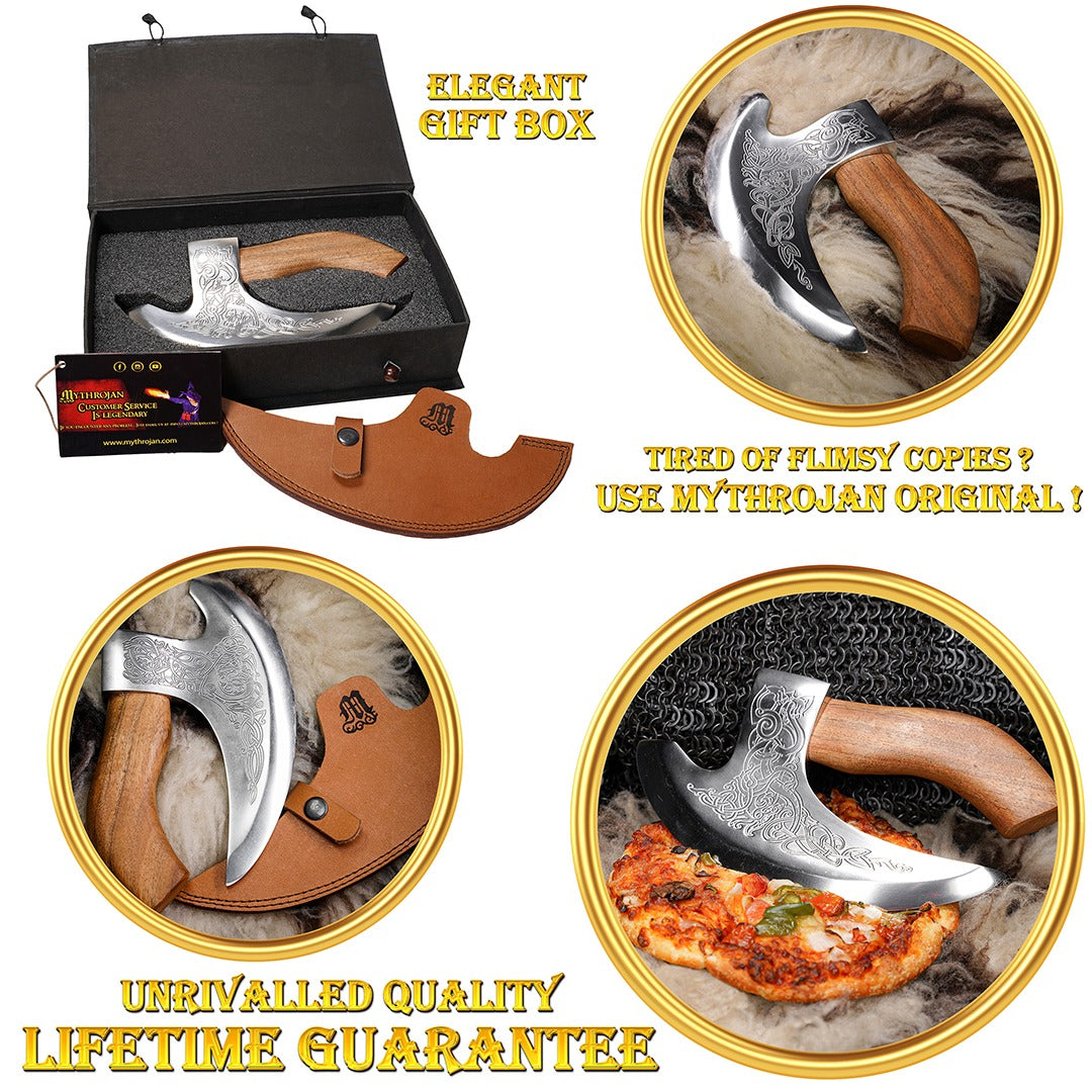 Imagen única de: Mythrojan Hacha Vikinga para Pizza - Cortador de Pizza de Acero Inoxidable Forjado a Mano con Mango de Acacia Maciza y Funda de Cuero - Grabado Celta - Caja de Regalo