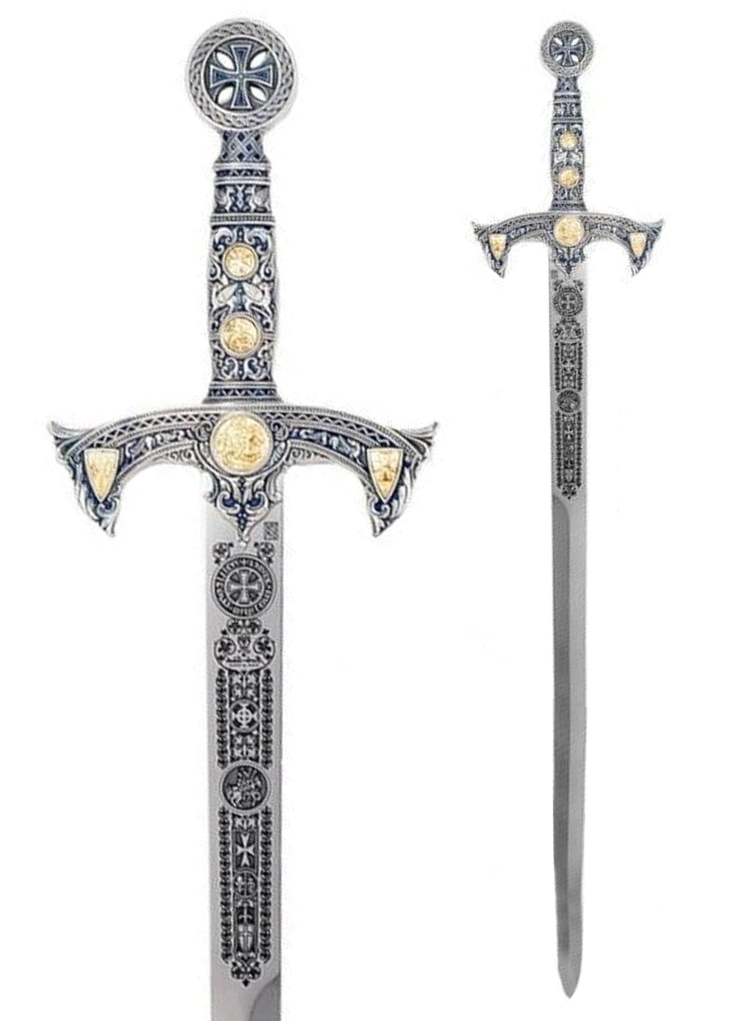Imagen única de: Espada Templaria Plateada, Azul Con Grabado Decorativo.