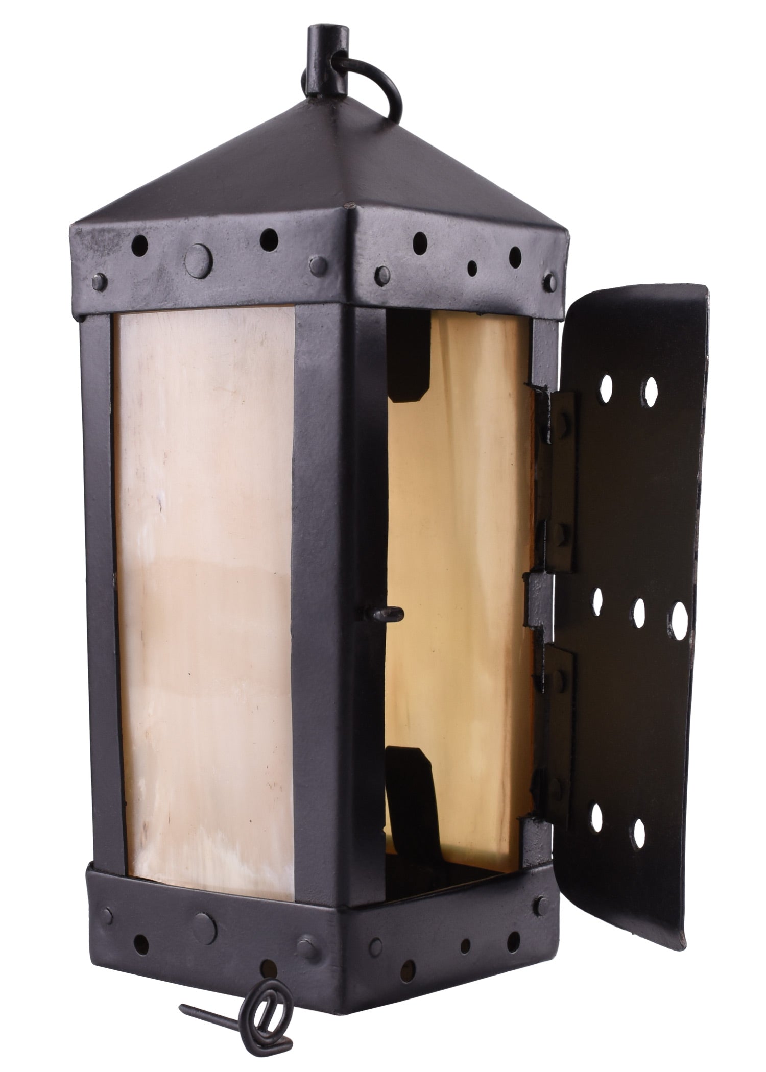 Imagen única de: Farol Medieval Cuadrado Con Ventanas De Cuerno, Hecho A Mano