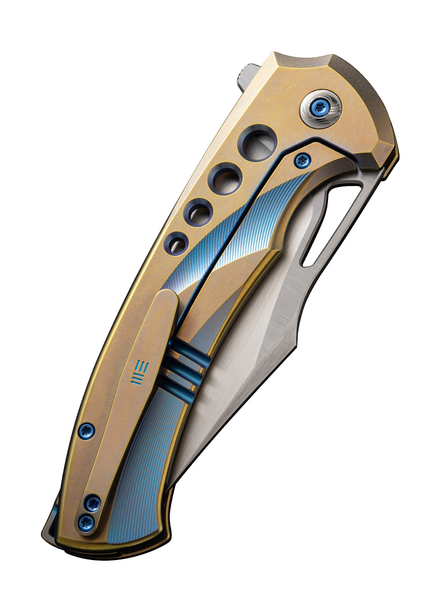Imagen única de: We Knife Swiftfin Bead Blasted Titanium Blue Gold, Navaja De Bolsillo