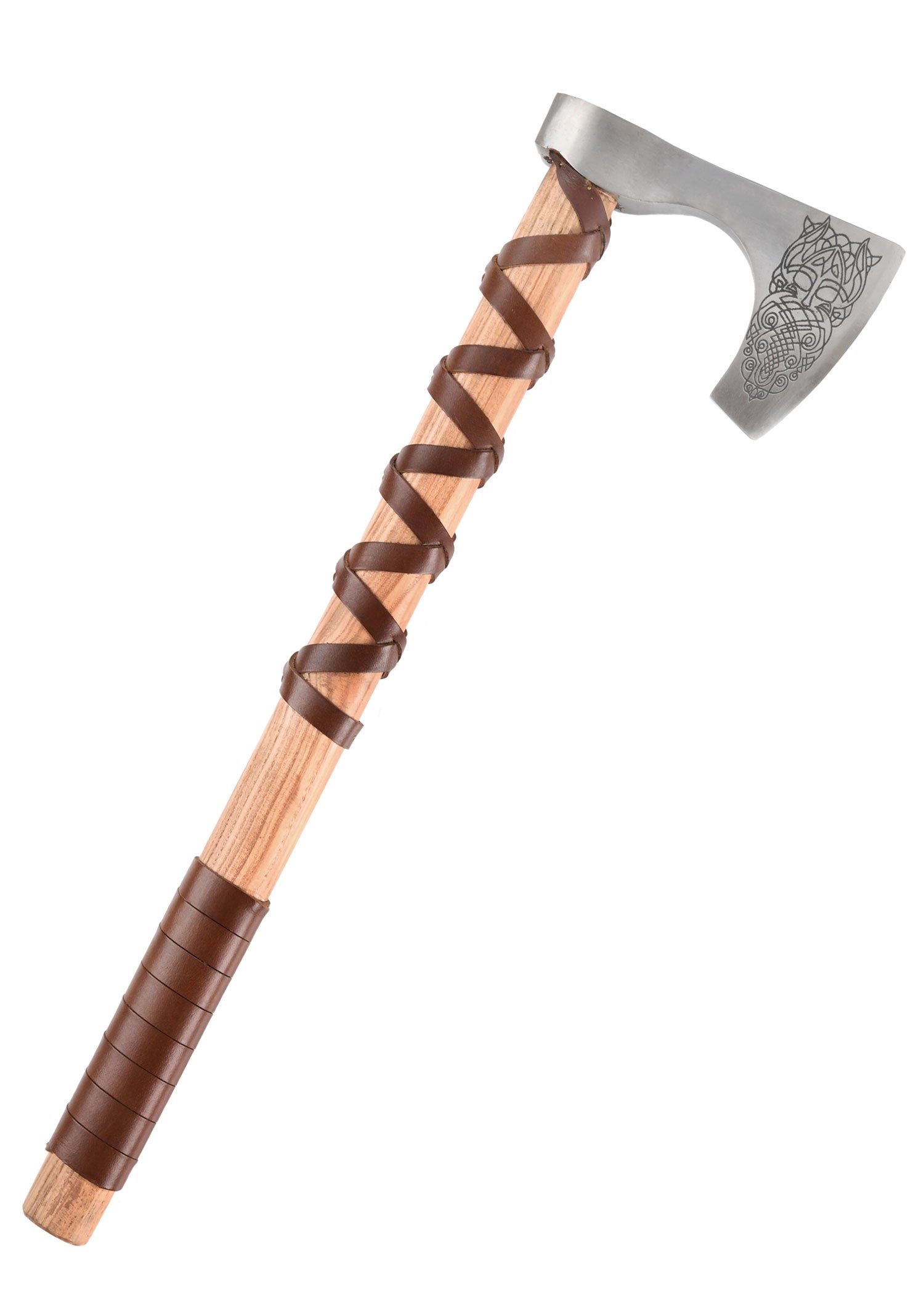 Imagen única de: Hacha Vikinga Fabricada En Acero Fundido, Tipo C, Con Grabado Y Forrado En Cuero.
