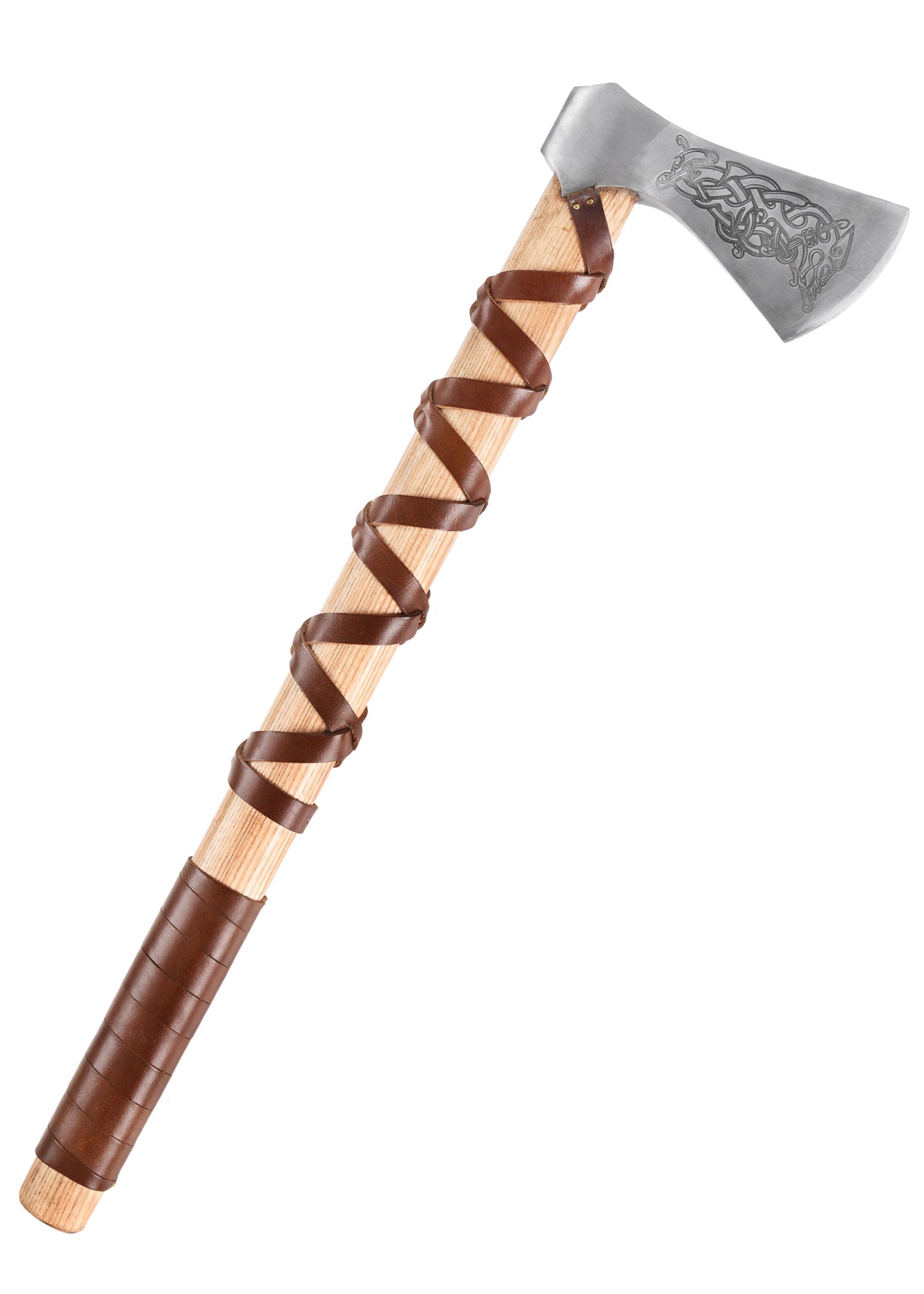 Imagen única de: Hacha Vikinga Fabricada En Acero Fundido, Tipo L, Con Grabado Y Forrado En Cuero.