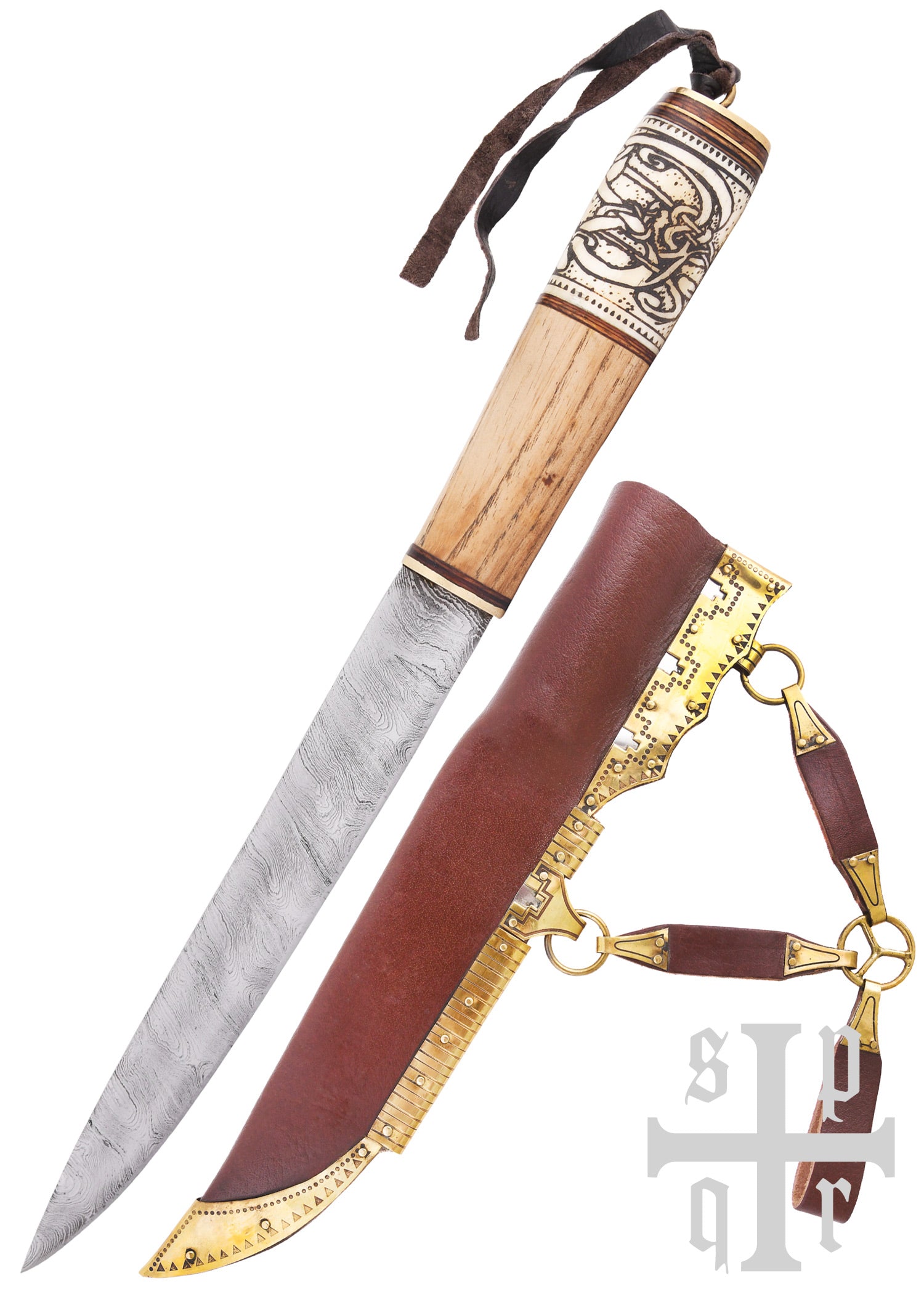 Imagen única de: Cuchillo Vikingo, Acero De Damasco, Mango De Madera/hueso Con Diseño De Nudos