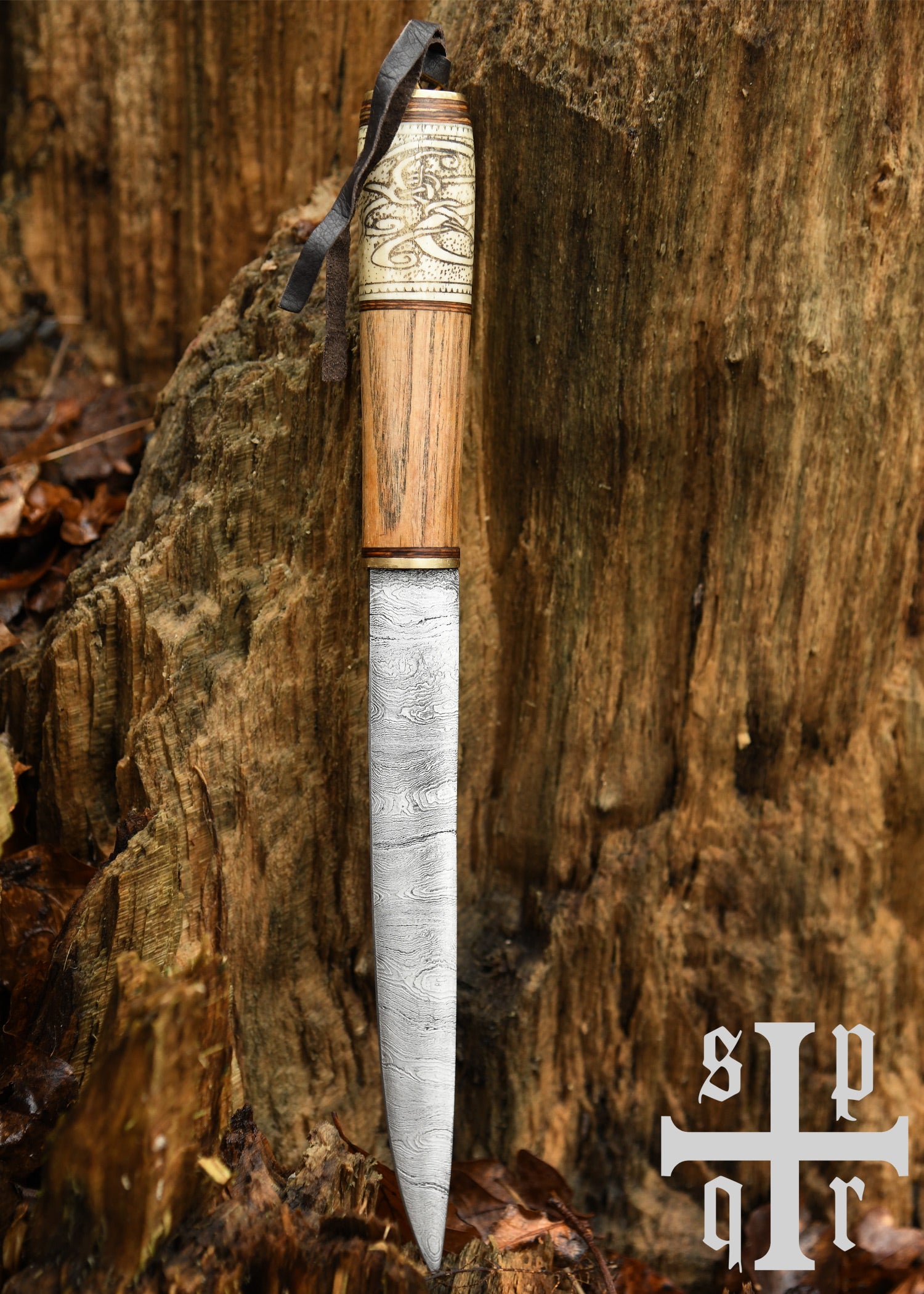 Imagen única de: Cuchillo Vikingo, Acero De Damasco, Mango De Madera/hueso Con Diseño De Nudos