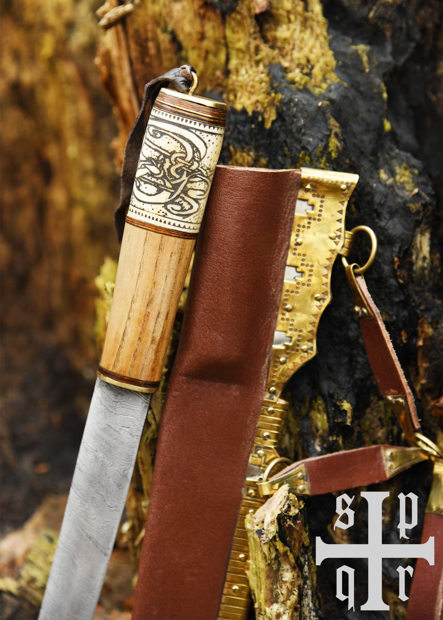Imagen única de: Cuchillo Vikingo, Acero De Damasco, Mango De Madera/hueso Con Diseño De Nudos