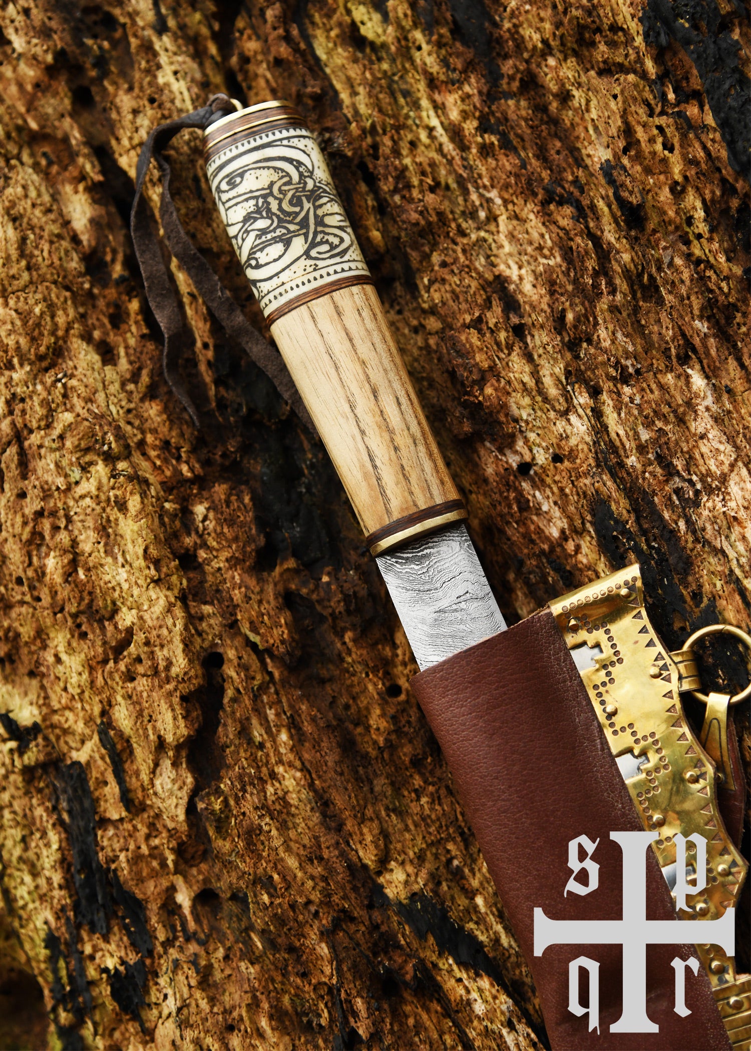Imagen única de: Cuchillo Vikingo, Acero De Damasco, Mango De Madera/hueso Con Diseño De Nudos