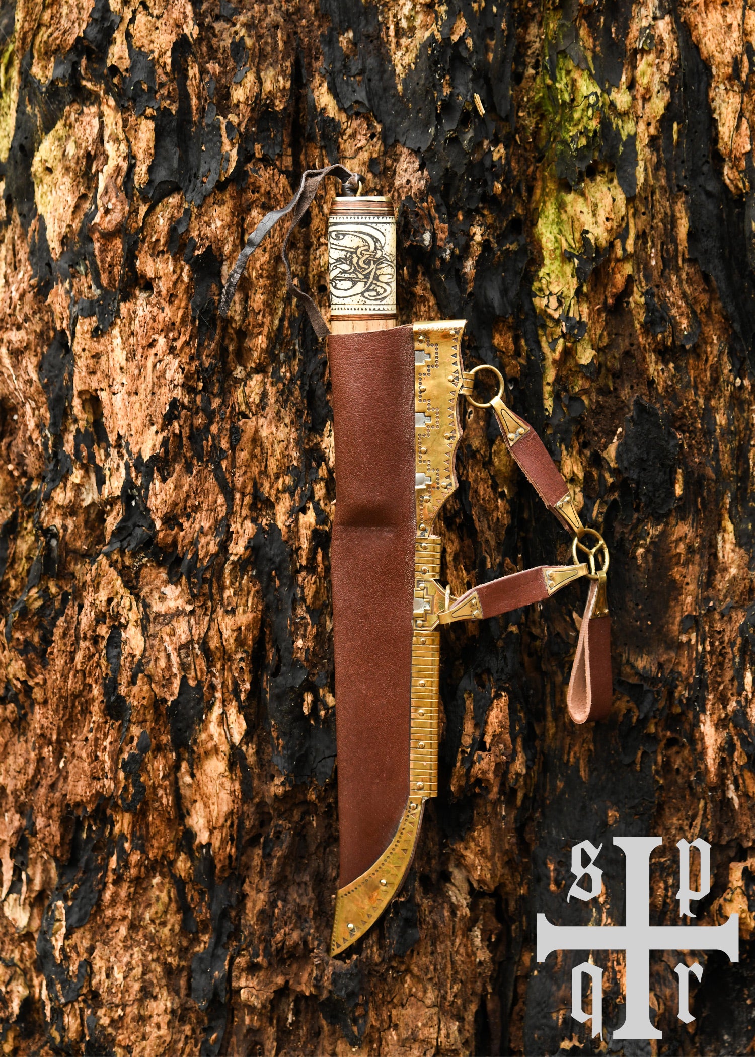 Imagen única de: Cuchillo Vikingo, Acero De Damasco, Mango De Madera/hueso Con Diseño De Nudos