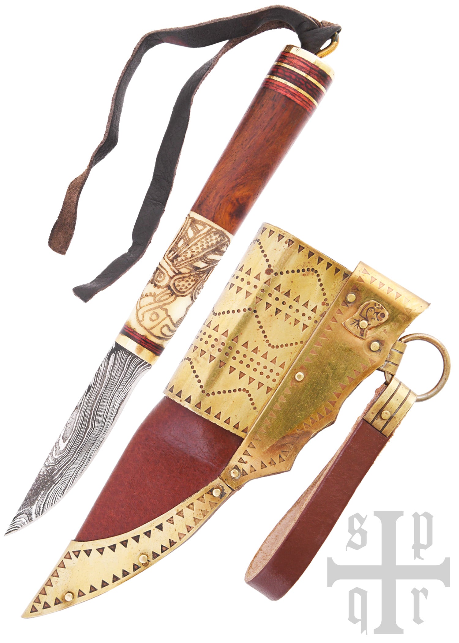 Imagen 1 - Cuchillo Vikingo, Acero De Damasco, Mango De Madera/hueso Con Motivo De Cuervo