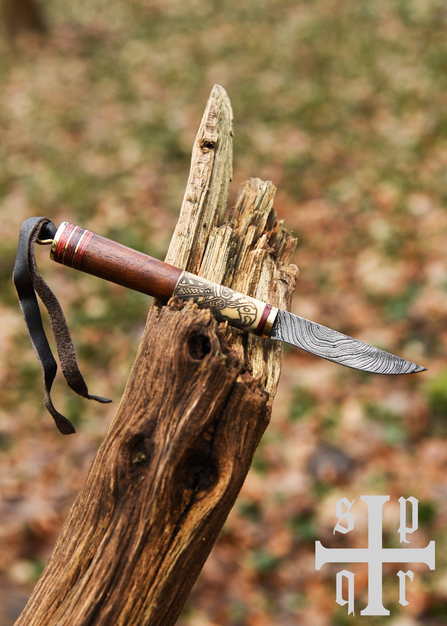 Imagen 6 - Cuchillo Vikingo, Acero De Damasco, Mango De Madera/hueso Con Motivo De Cuervo